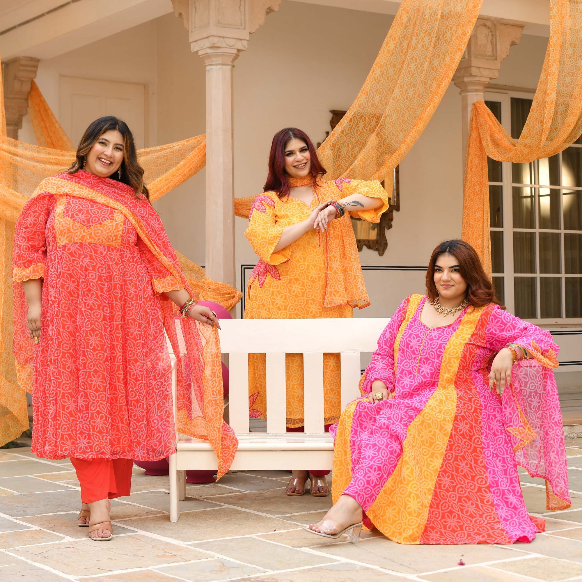 Desi Kanya- Red & Orange Bandhani Applique Chiffon Anarkali Set