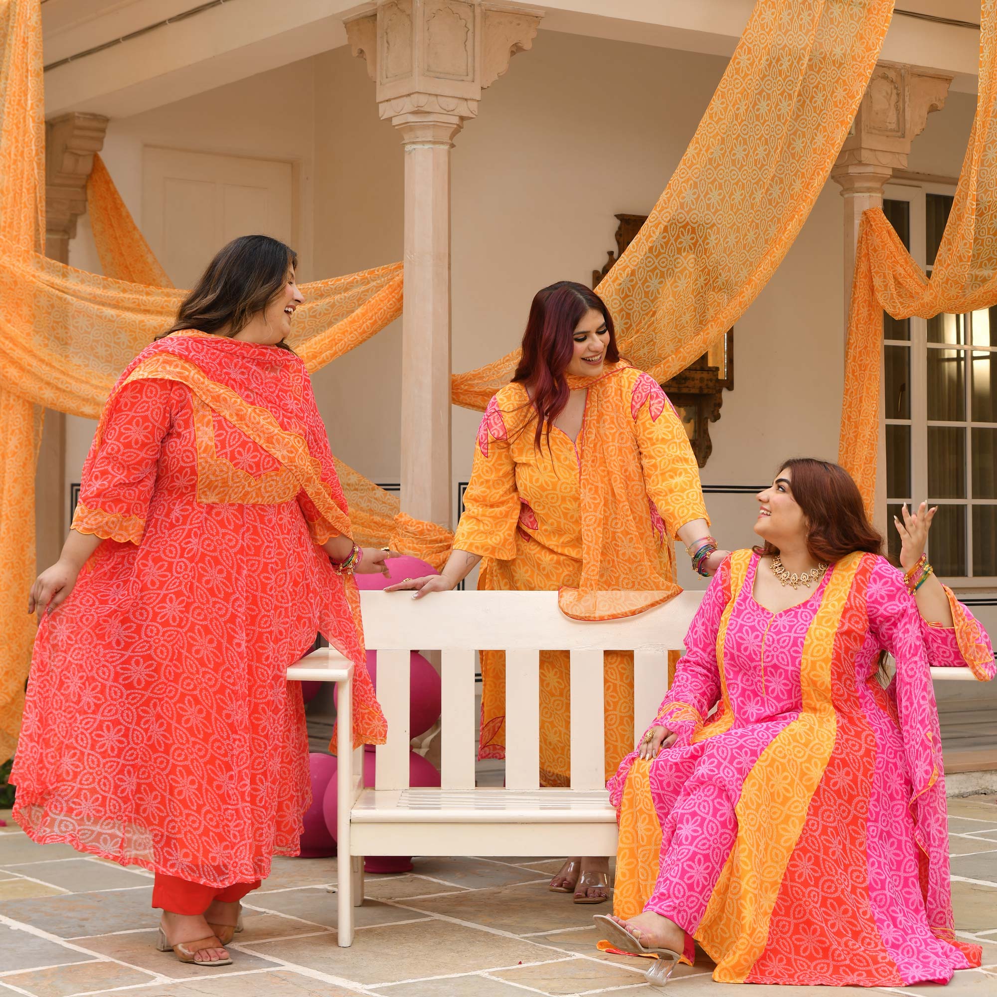 Desi Kanya- Red & Orange Bandhani Applique Chiffon Anarkali Set