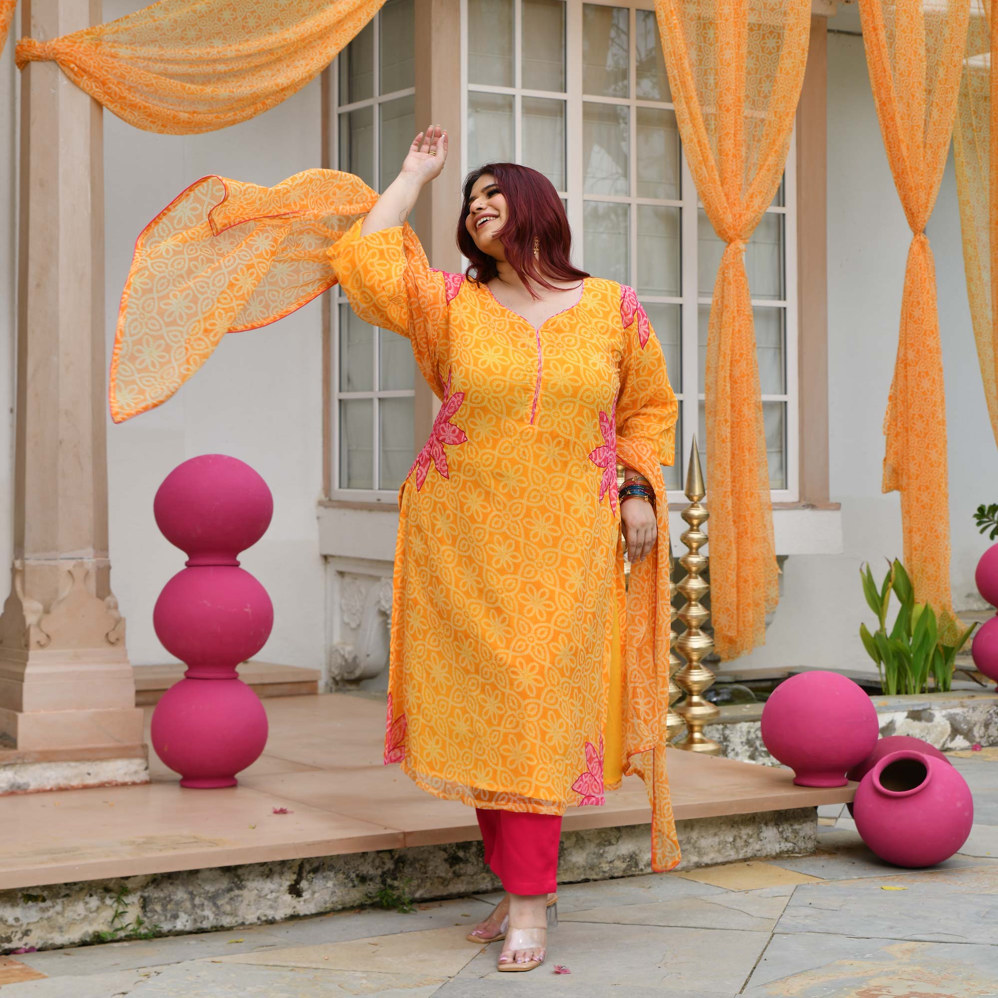 Tareefan- Yellow & Pink Bandhani Applique Chiffon Suit Set