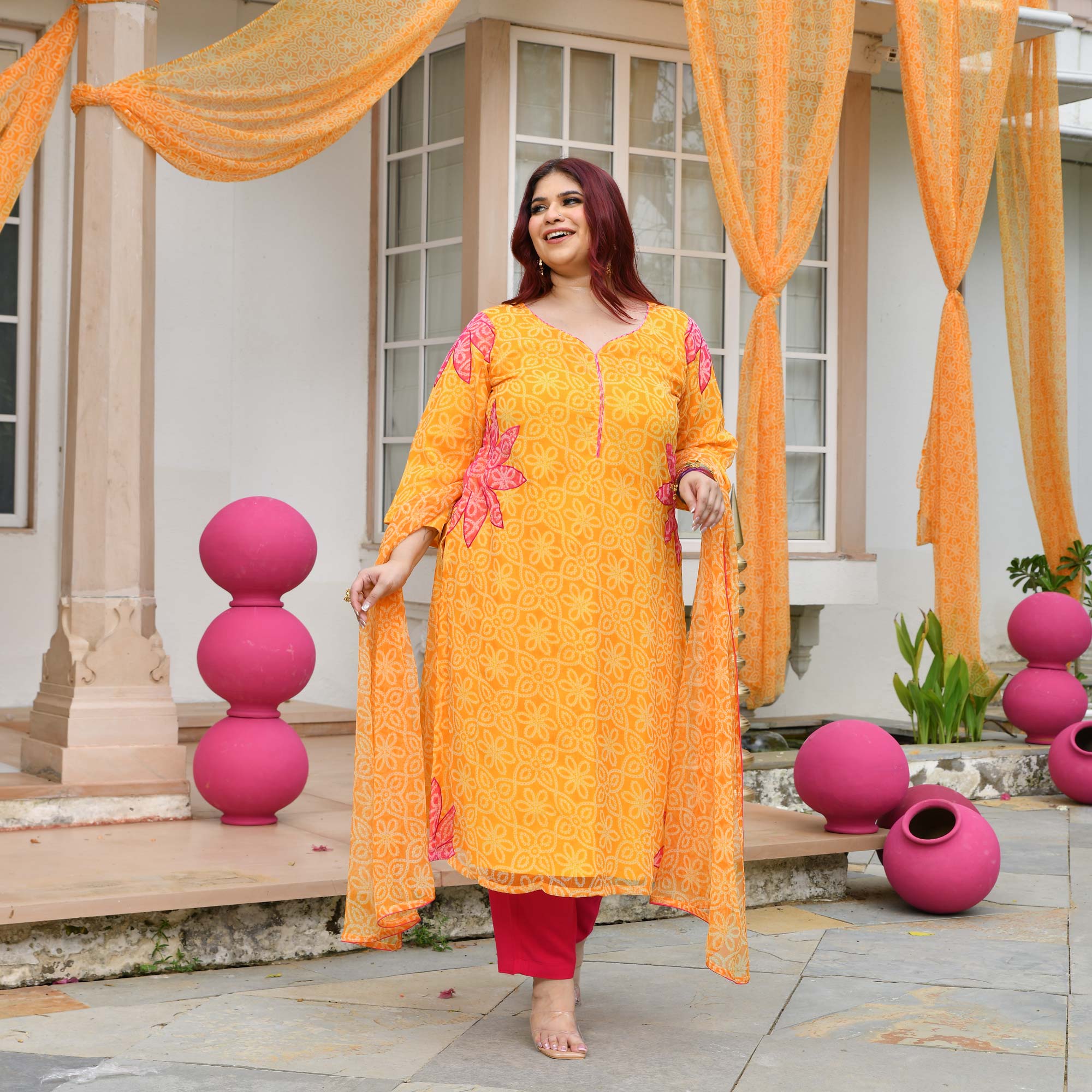 Tareefan- Yellow & Pink Bandhani Applique Chiffon Suit Set