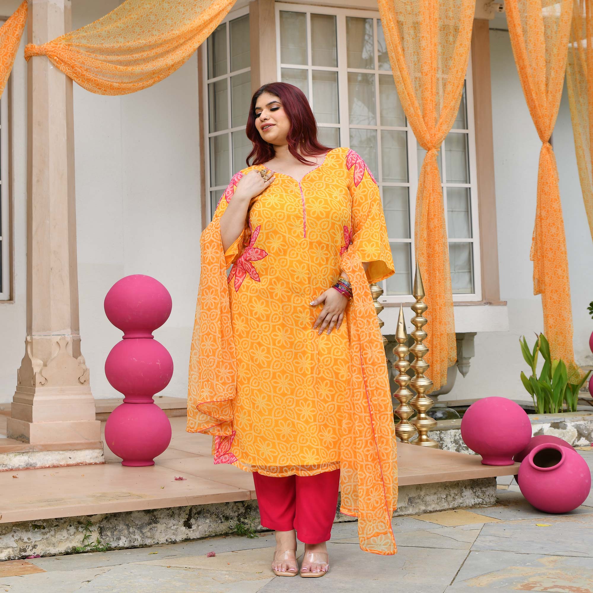Tareefan- Yellow & Pink Bandhani Applique Chiffon Suit Set