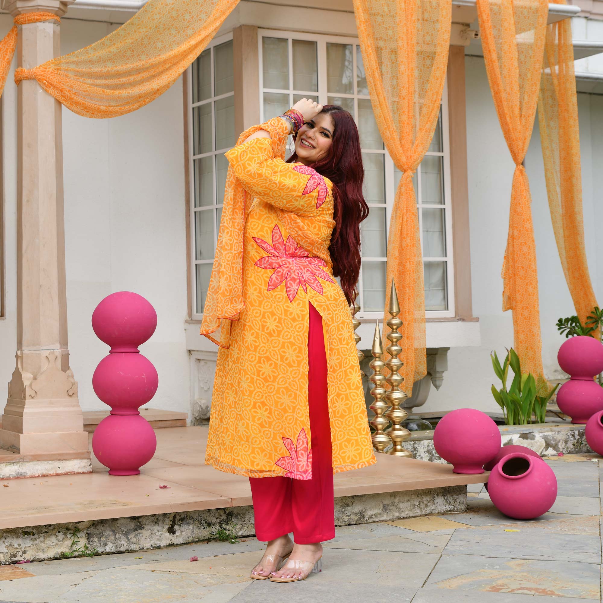 Tareefan- Yellow & Pink Bandhani Applique Chiffon Suit Set