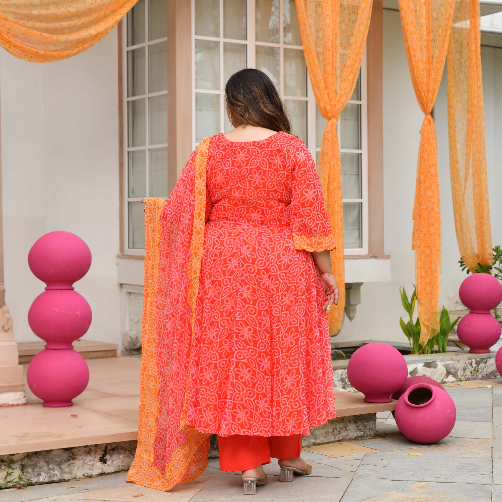 Desi Kanya- Red & Orange Bandhani Applique Chiffon Anarkali Set
