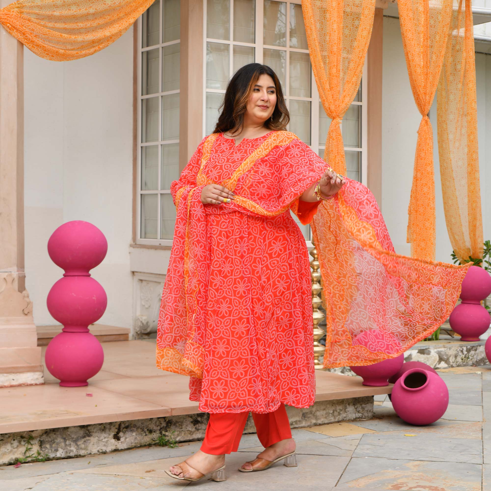 Desi Kanya- Red & Orange Bandhani Applique Chiffon Anarkali Set