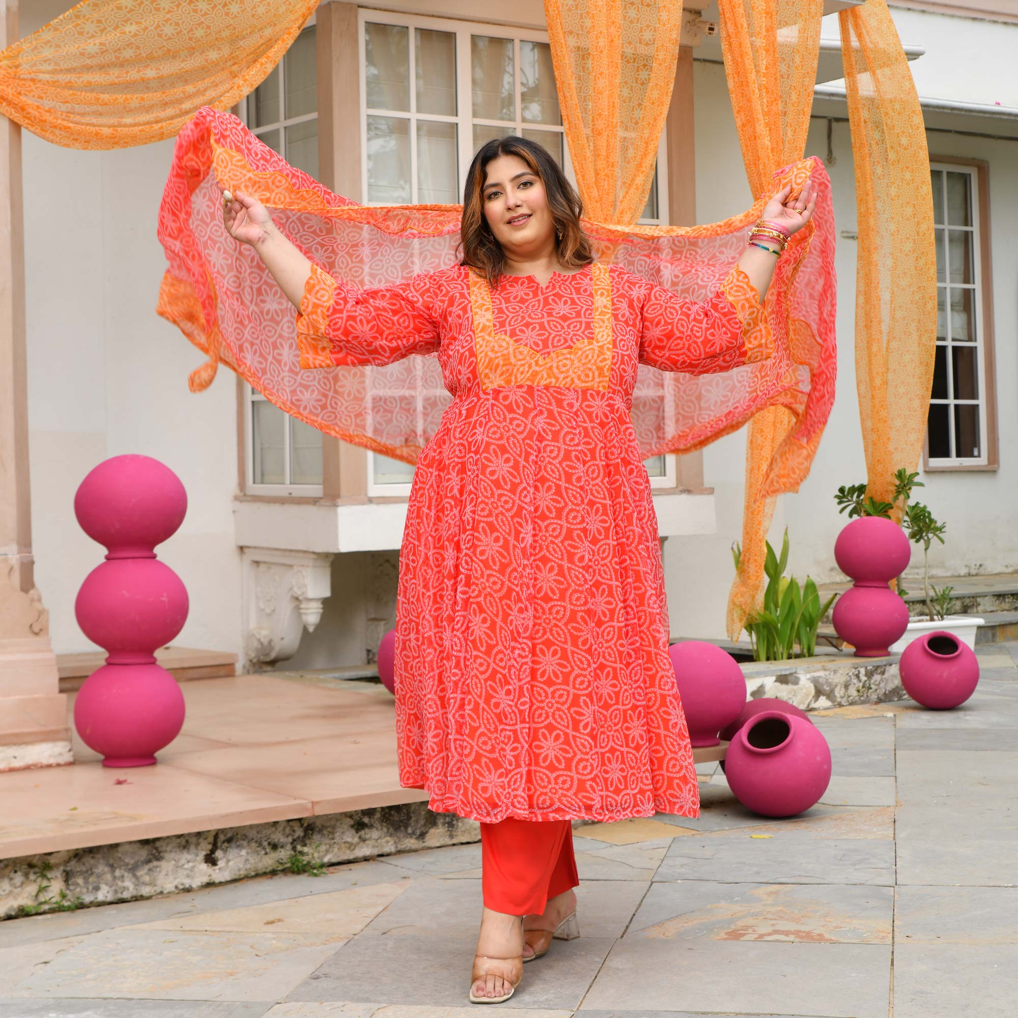 Desi Kanya- Red & Orange Bandhani Applique Chiffon Anarkali Set