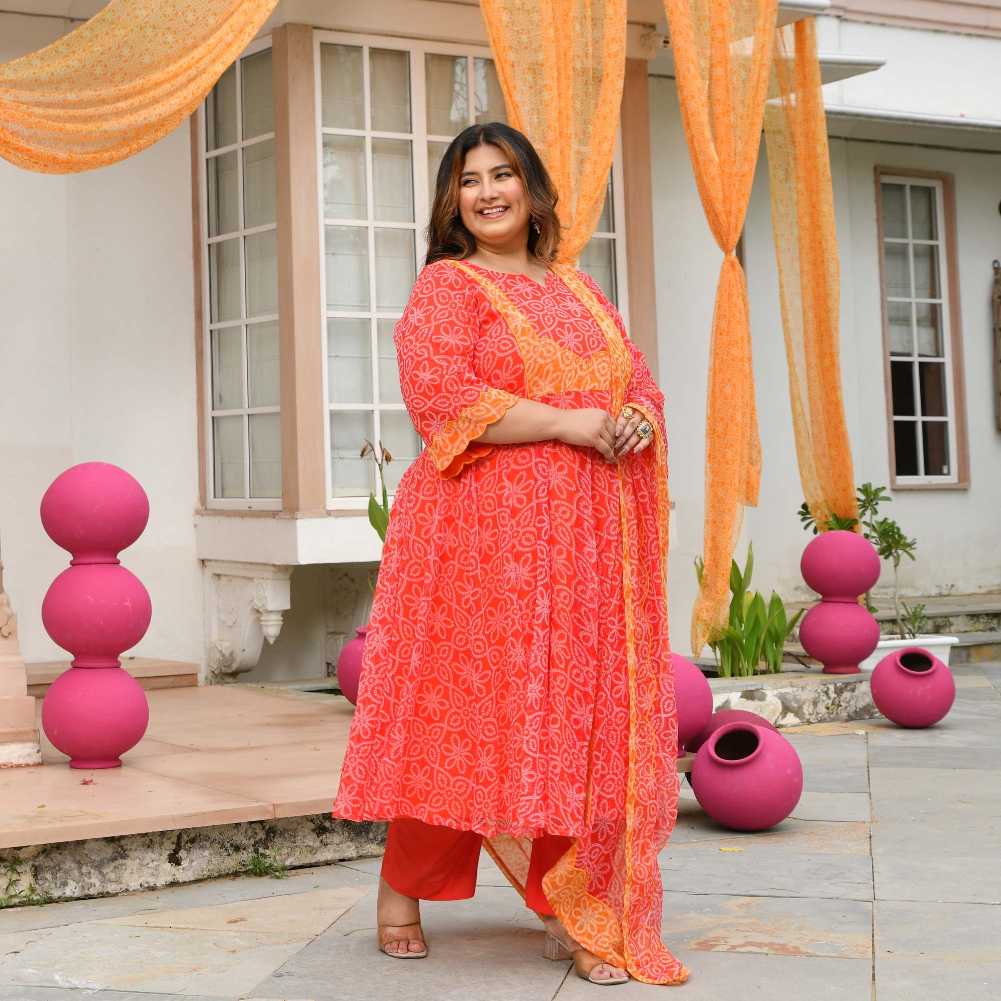 Desi Kanya- Red & Orange Bandhani Applique Chiffon Anarkali Set