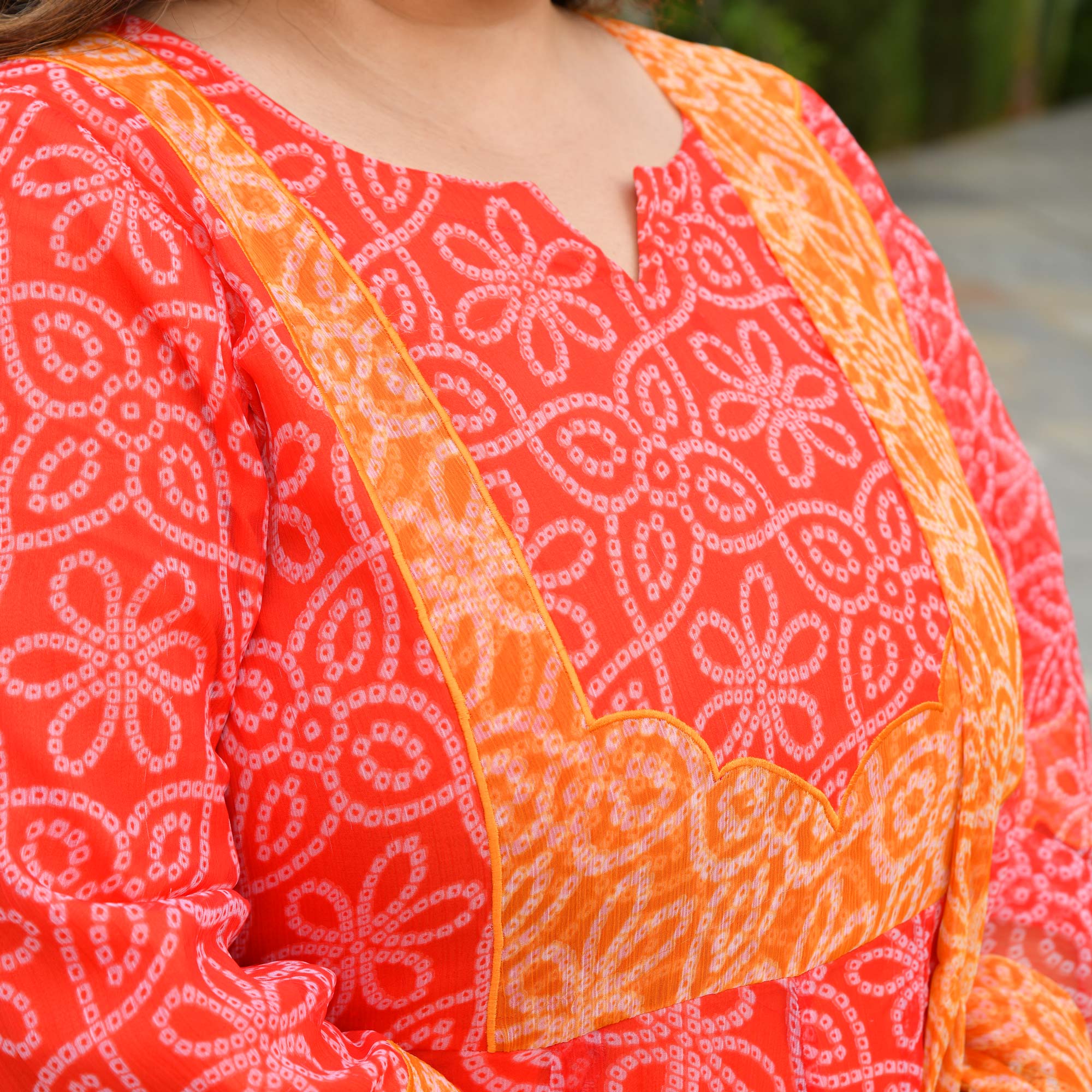 Desi Kanya- Red & Orange Bandhani Applique Chiffon Anarkali Set