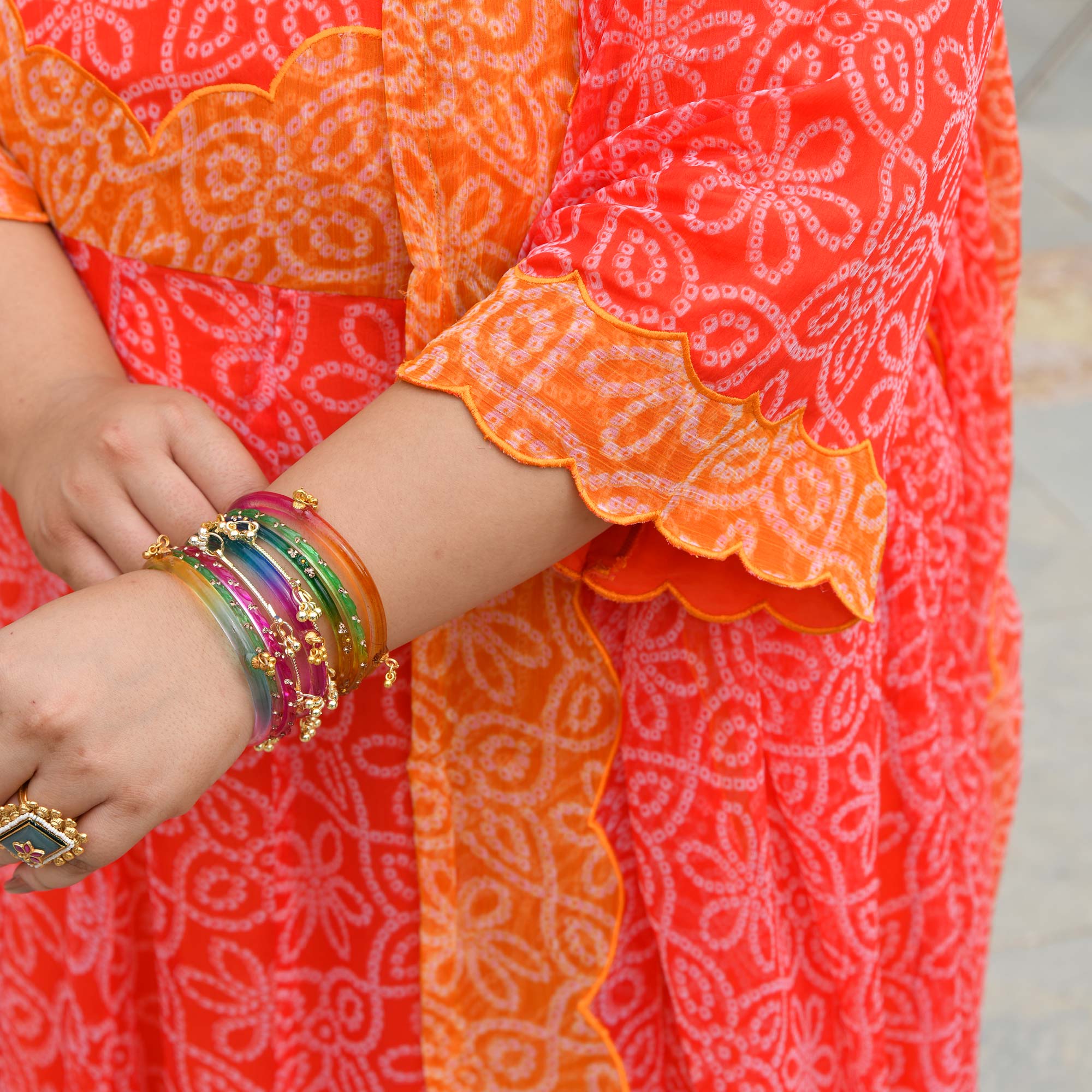 Desi Kanya- Red & Orange Bandhani Applique Chiffon Anarkali Set