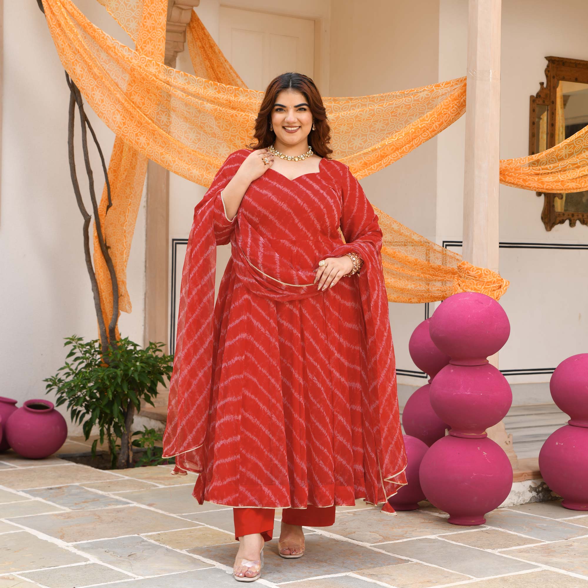 Lal Mirchi- Red Embroidered Leheriya chiffon Anarkali Set