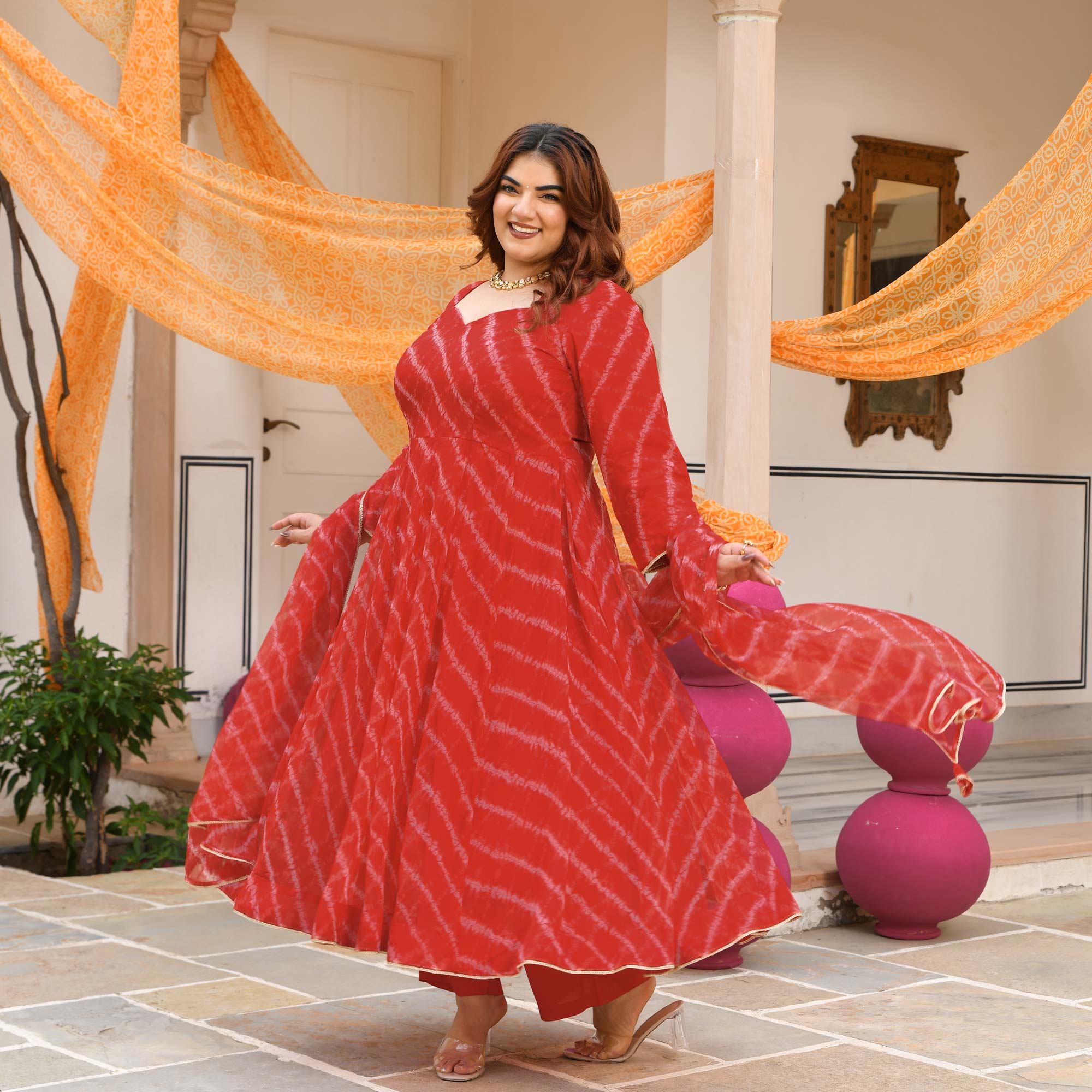 Lal Mirchi- Red Embroidered Leheriya chiffon Anarkali Set