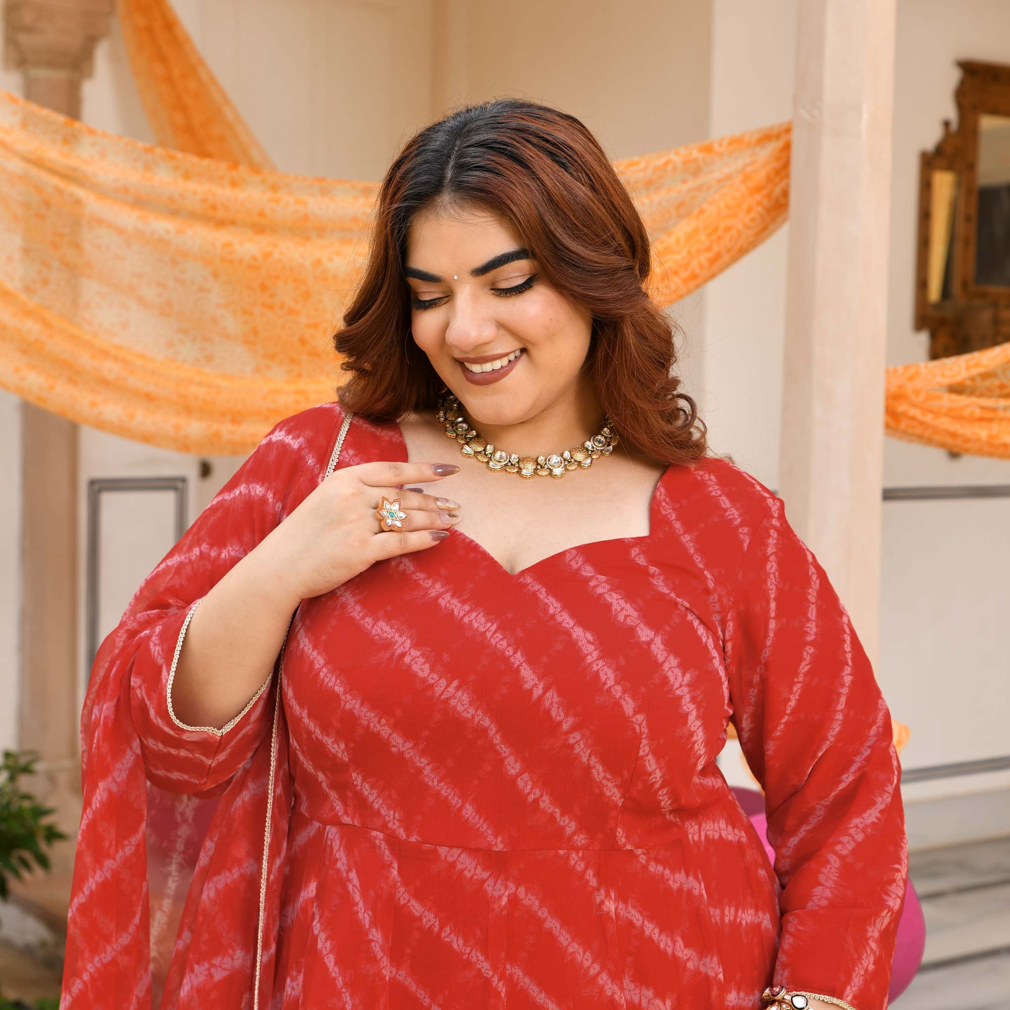 Lal Mirchi- Red Embroidered Leheriya chiffon Anarkali Set