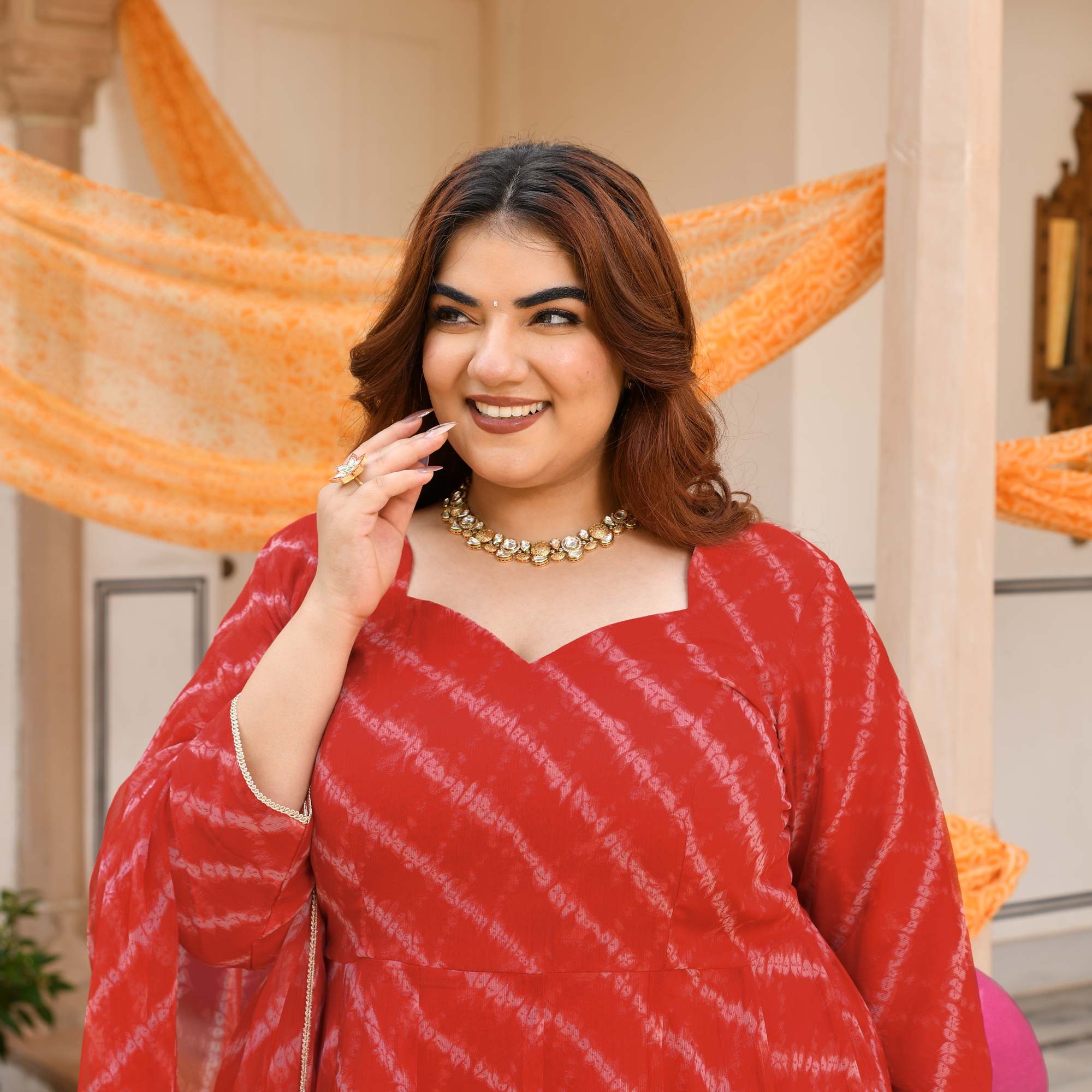 Lal Mirchi- Red Embroidered Leheriya chiffon Anarkali Set