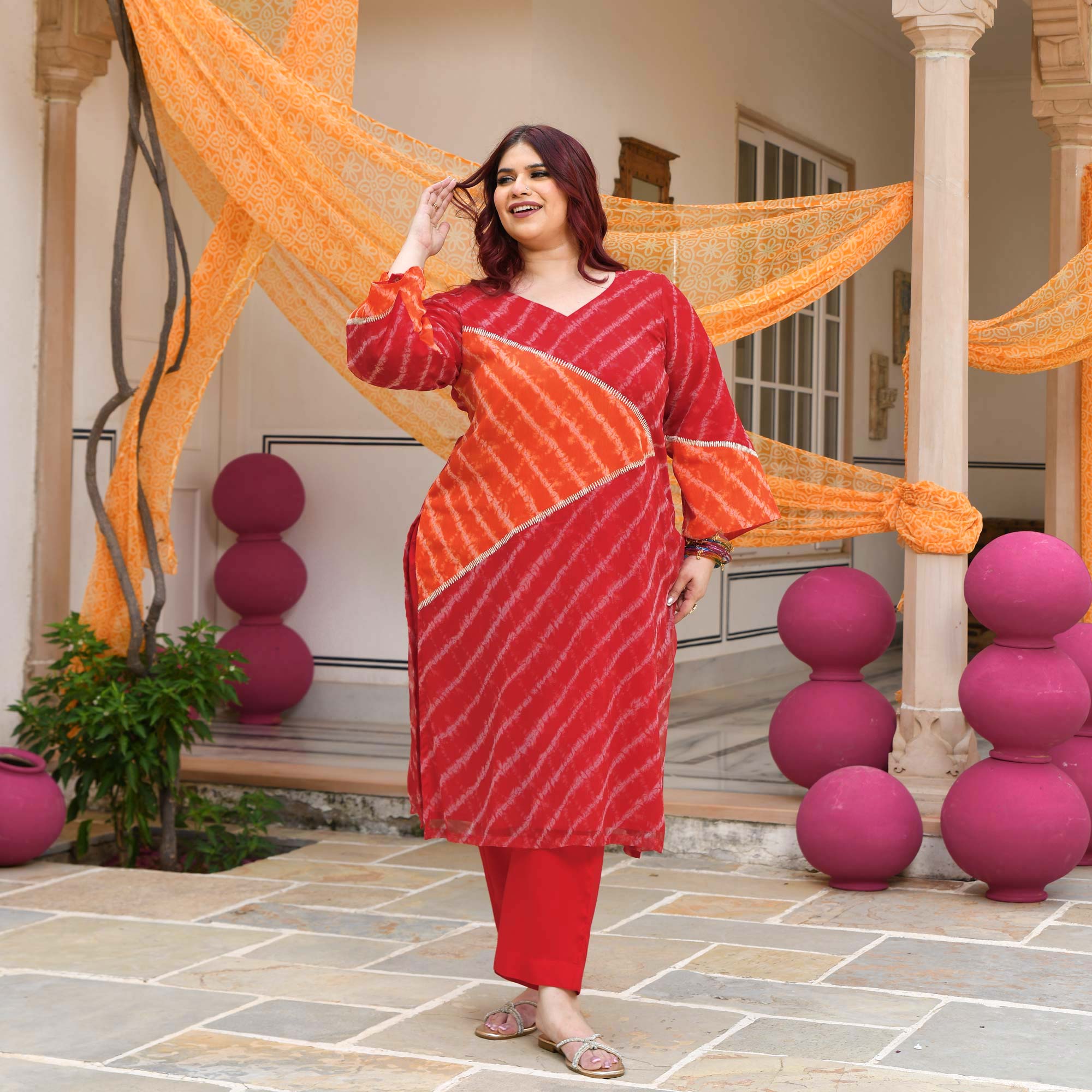Patakha- Red & Orange Embroidered Leheriya Chiffon Kurta