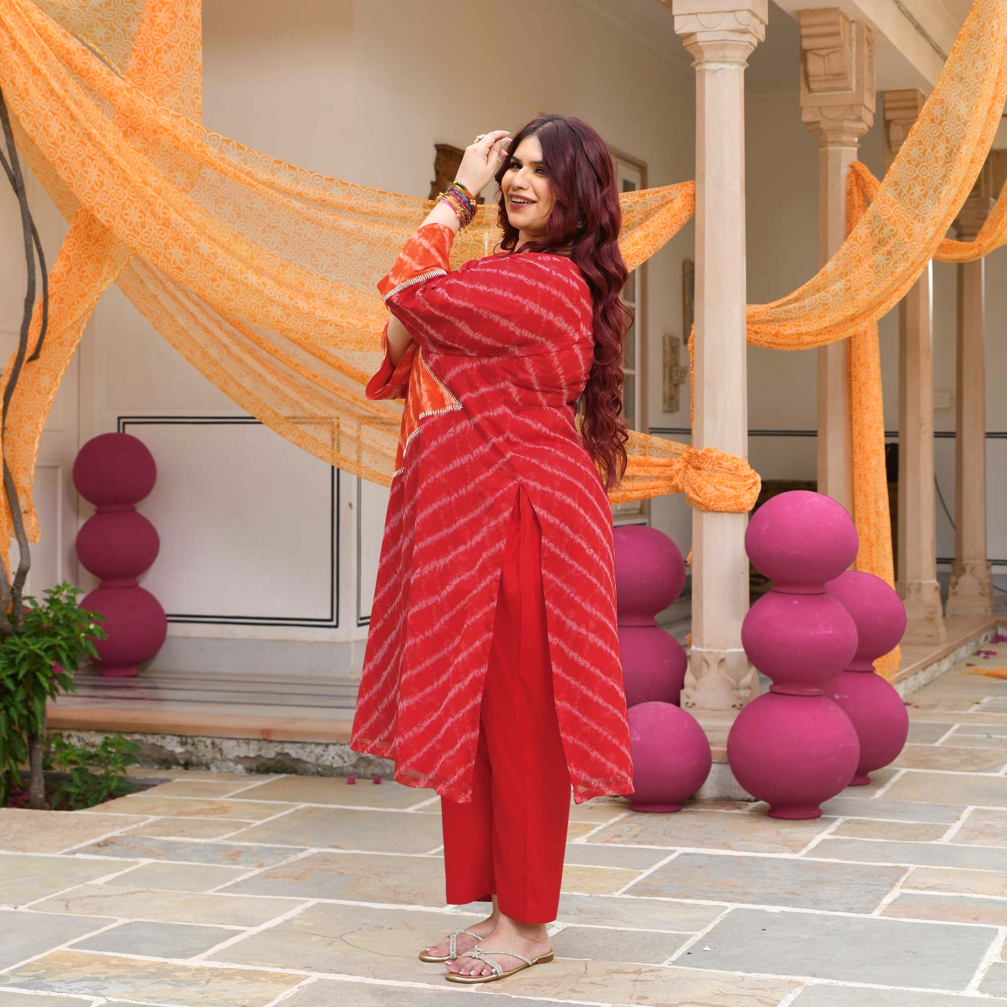 Patakha- Red & Orange Embroidered Leheriya Chiffon Kurta