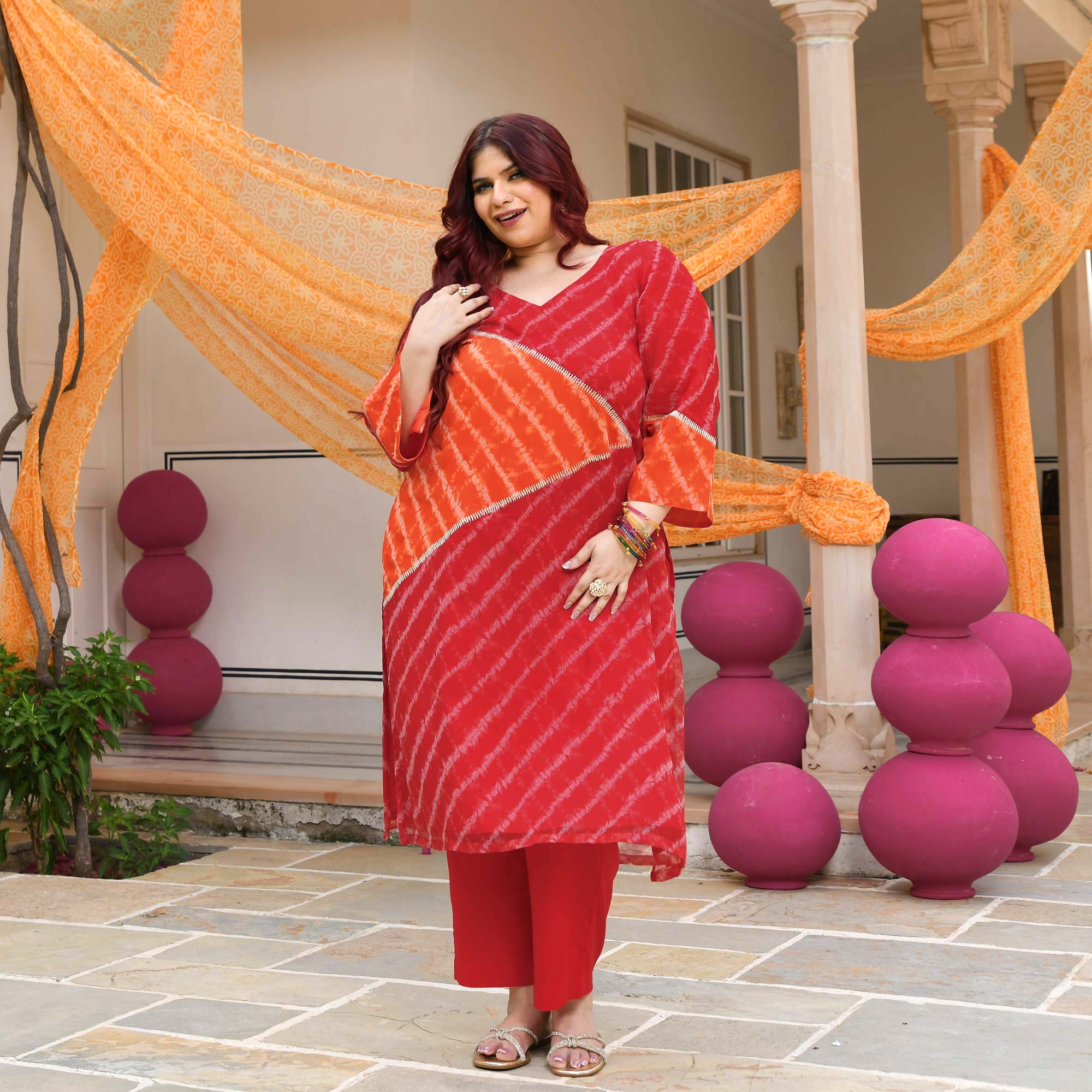 Patakha- Red & Orange Embroidered Leheriya Chiffon Kurta