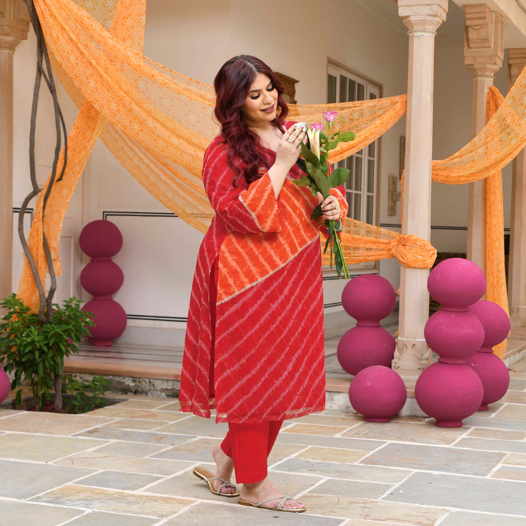 Patakha- Red & Orange Embroidered Leheriya Chiffon Kurta