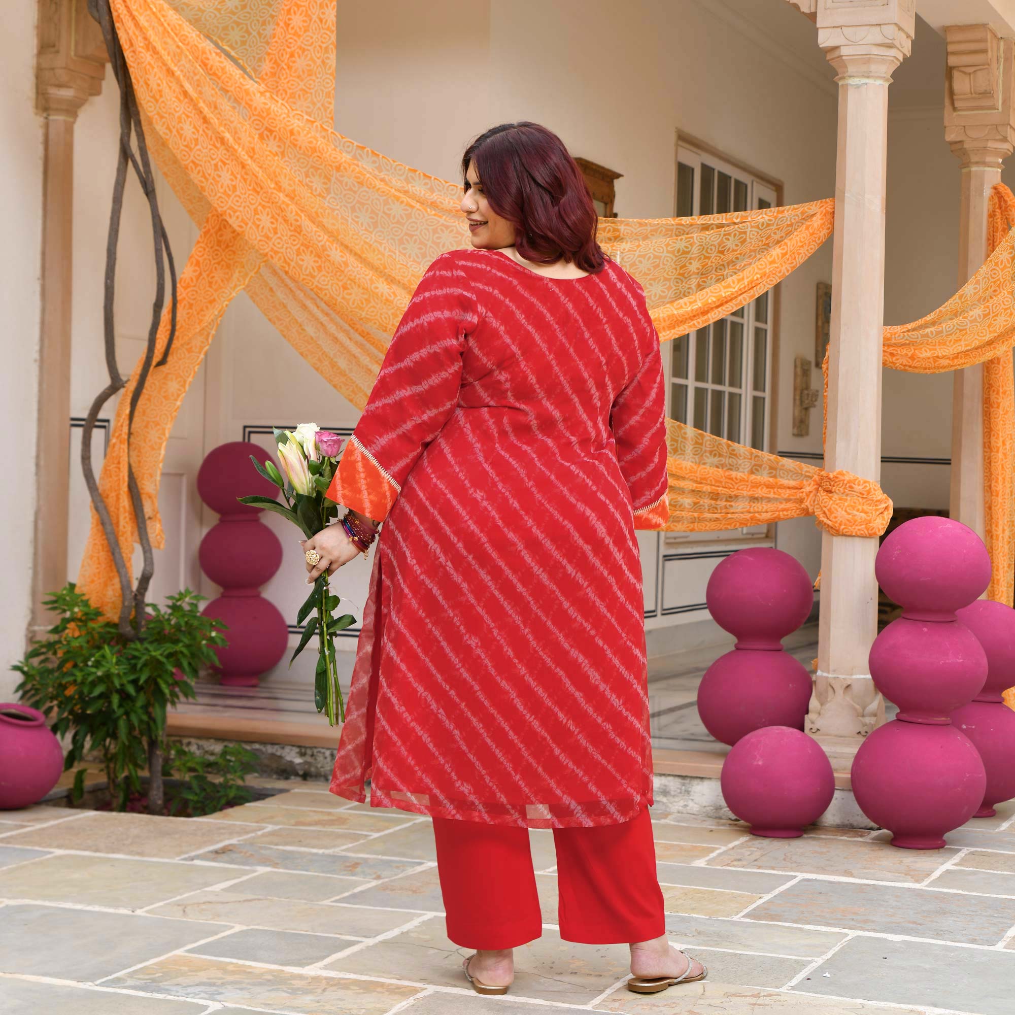 Patakha- Red & Orange Embroidered Leheriya Chiffon Kurta