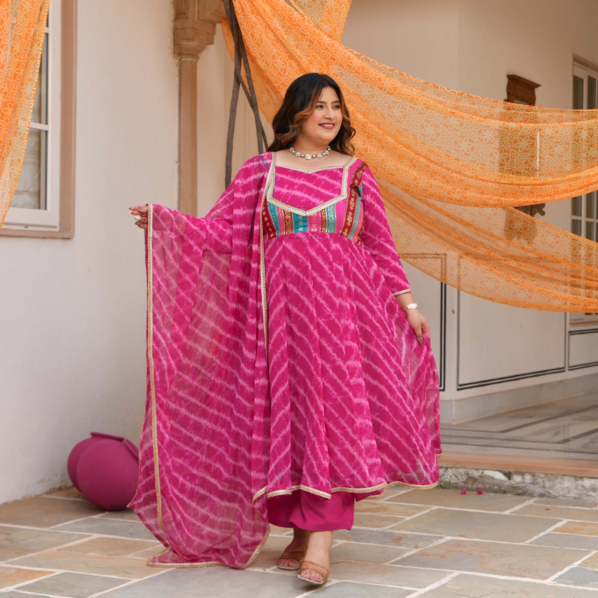 Gulabwati- Pink Banarasi Brocade Leheriya Chiffon Anarkali Set