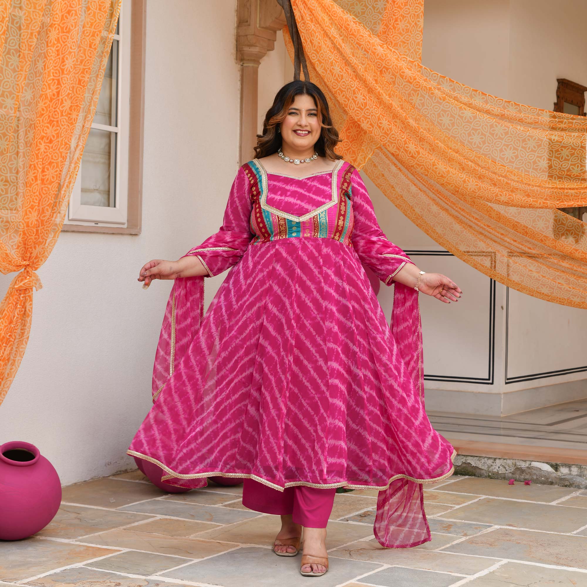 Gulabwati- Pink Banarasi Brocade Leheriya Chiffon Anarkali Set