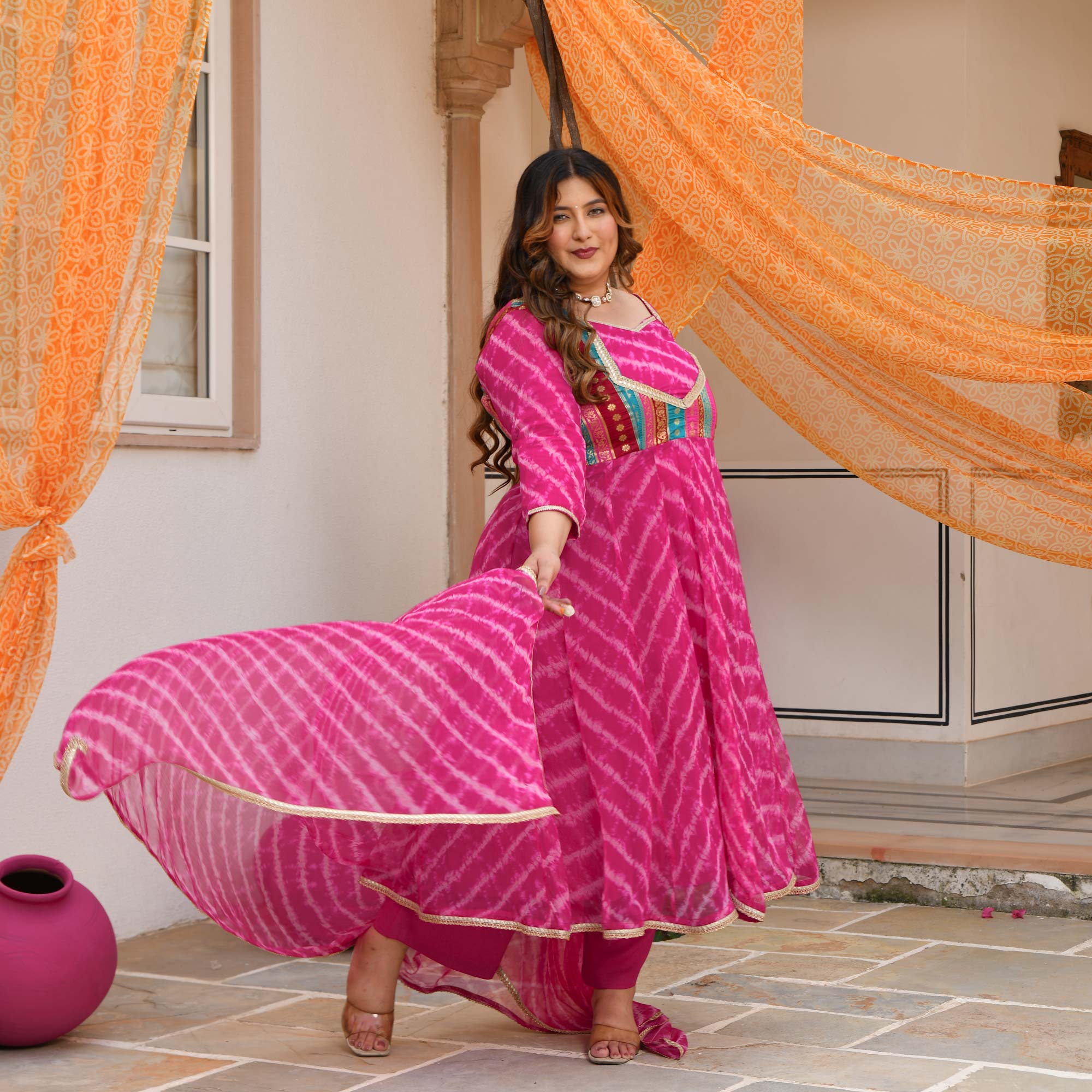 Gulabwati- Pink Banarasi Brocade Leheriya Chiffon Anarkali Set