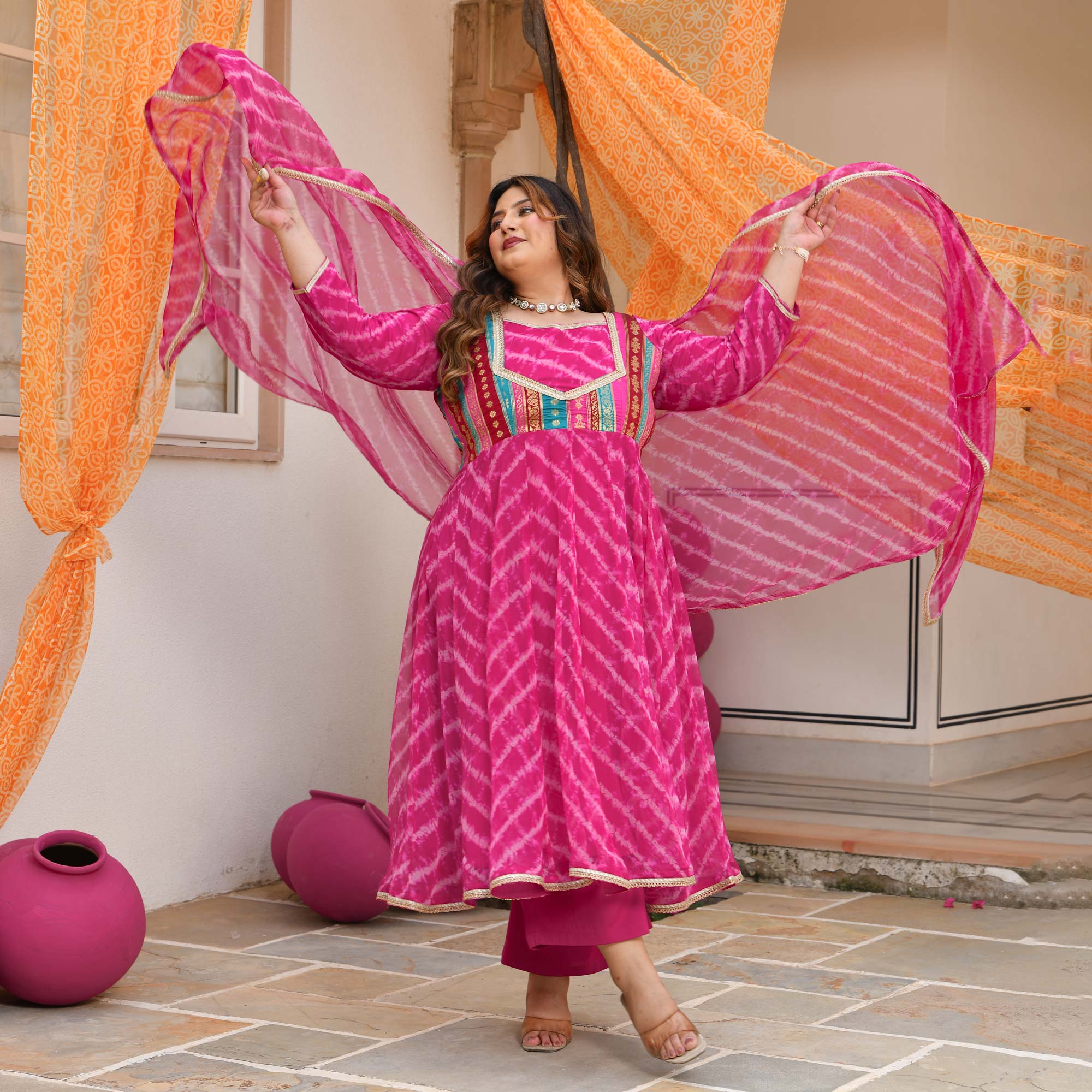 Gulabwati- Pink Banarasi Brocade Leheriya Chiffon Anarkali Set