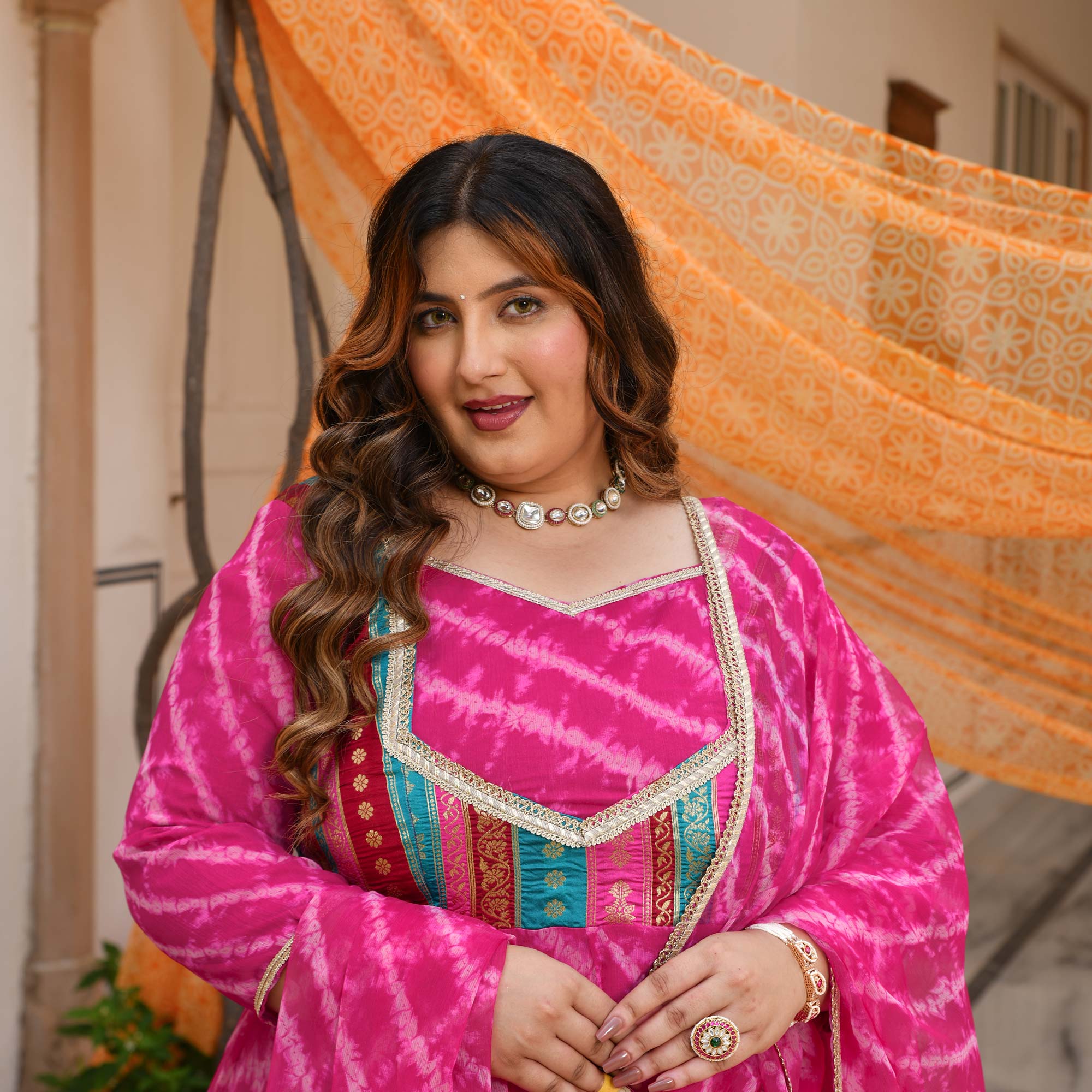 Gulabwati- Pink Banarasi Brocade Leheriya Chiffon Anarkali Set