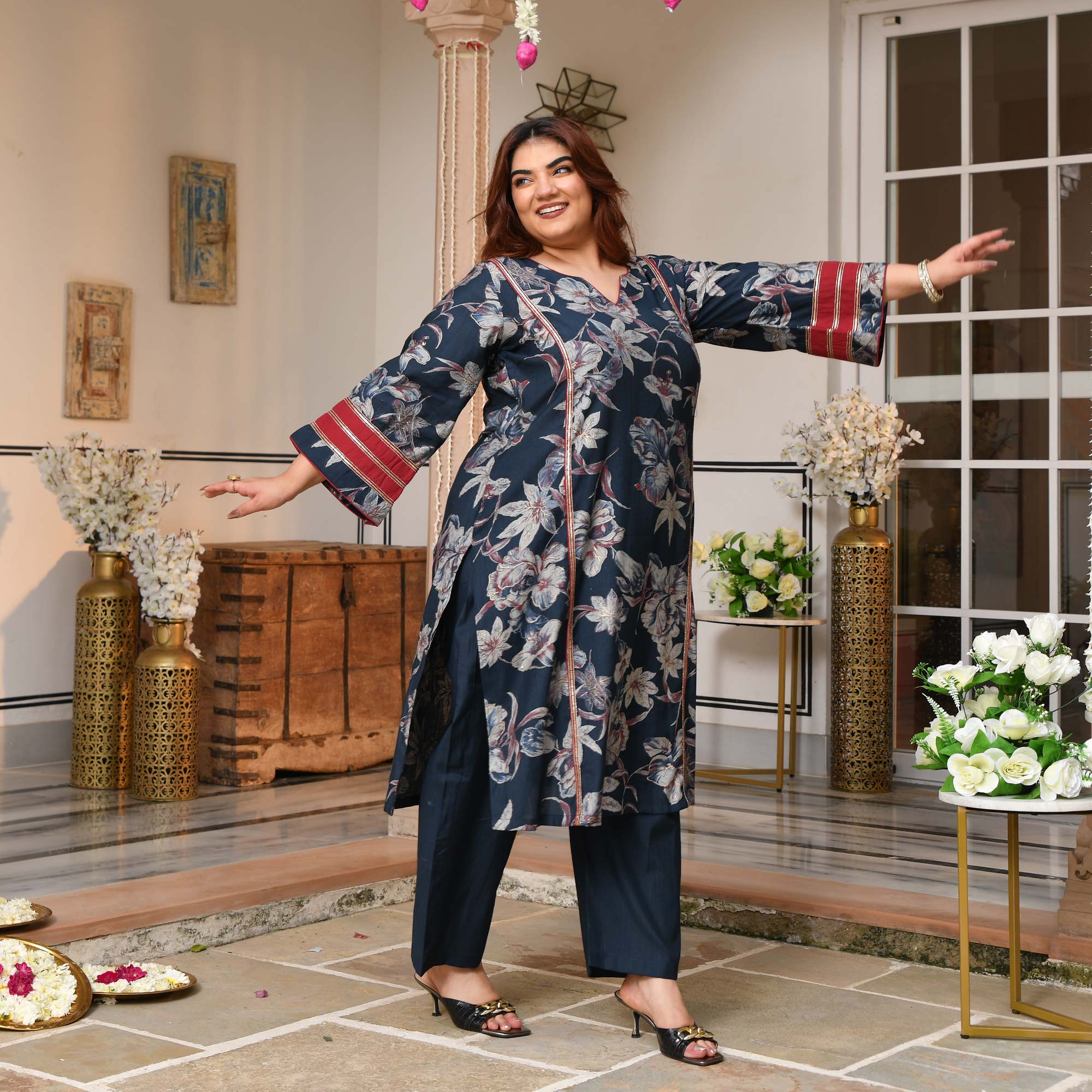 Rasika- Prussian Blue Floral Modal Viscose Co-ord Set