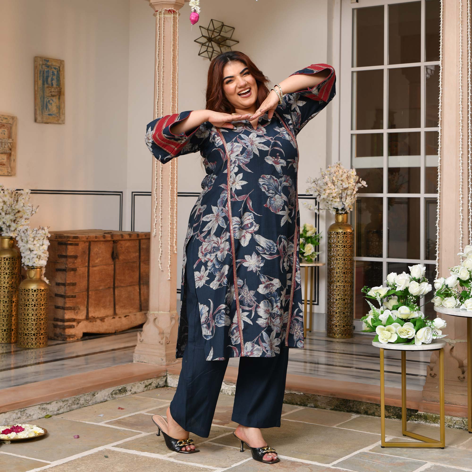 Rasika- Prussian Blue Floral Modal Viscose Co-ord Set
