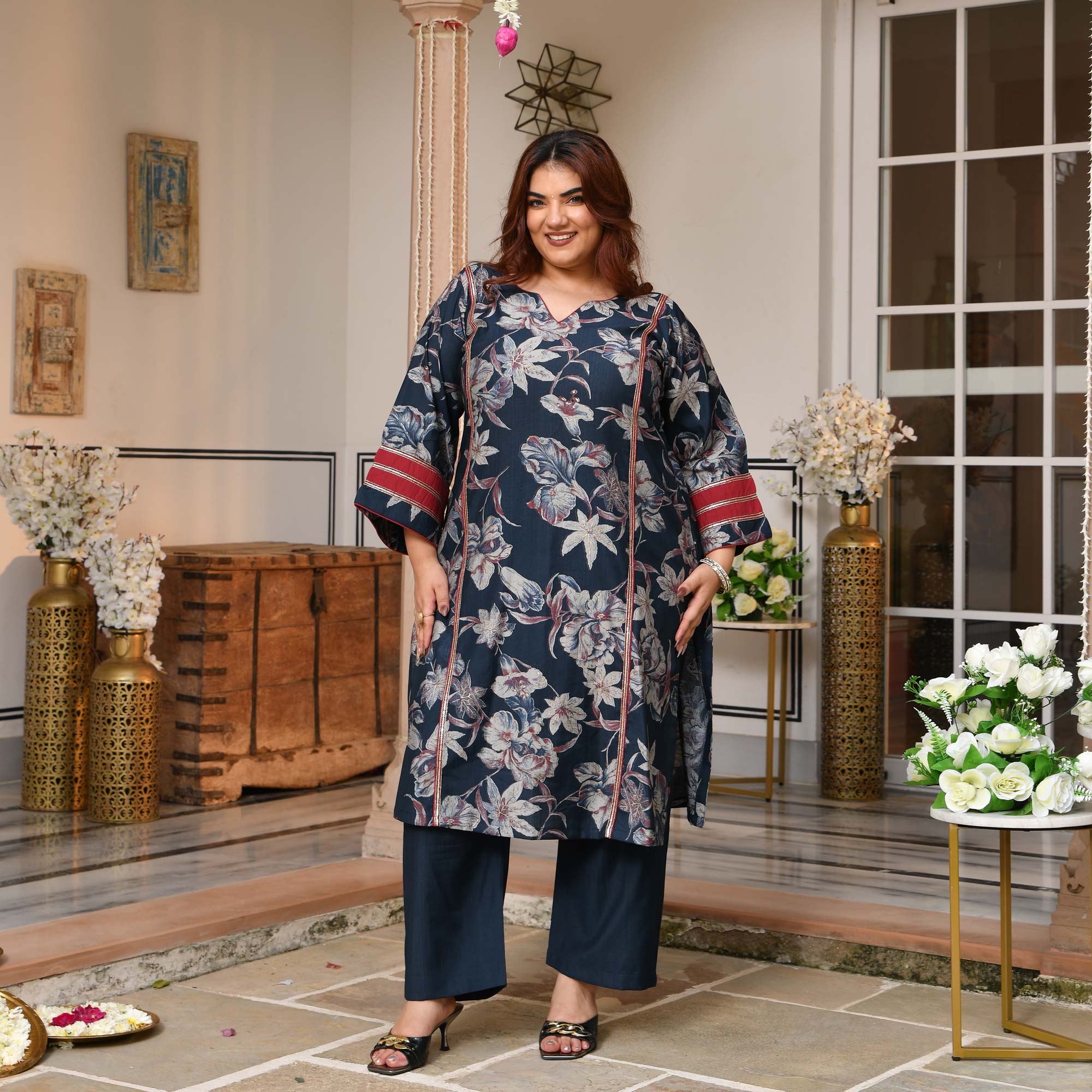 Rasika- Prussian Blue Floral Modal Viscose Co-ord Set