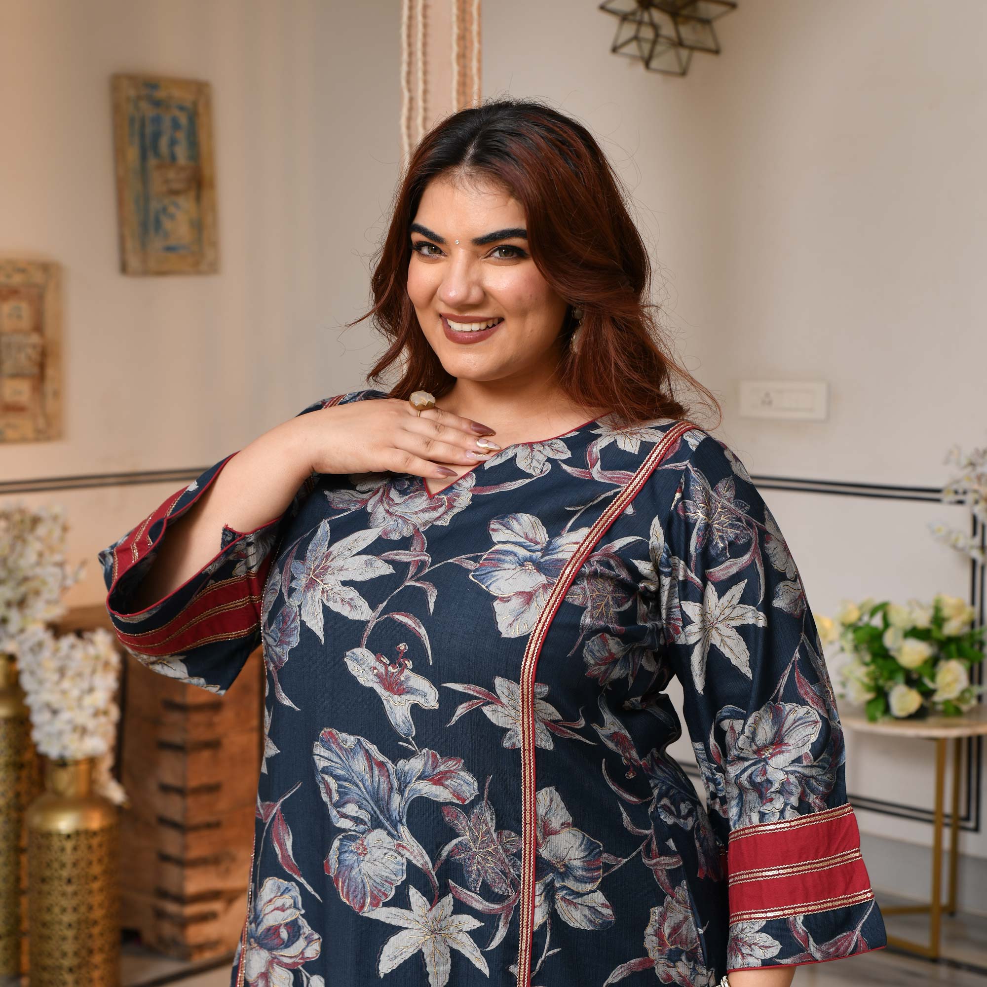 Rasika- Prussian Blue Floral Modal Viscose Co-ord Set
