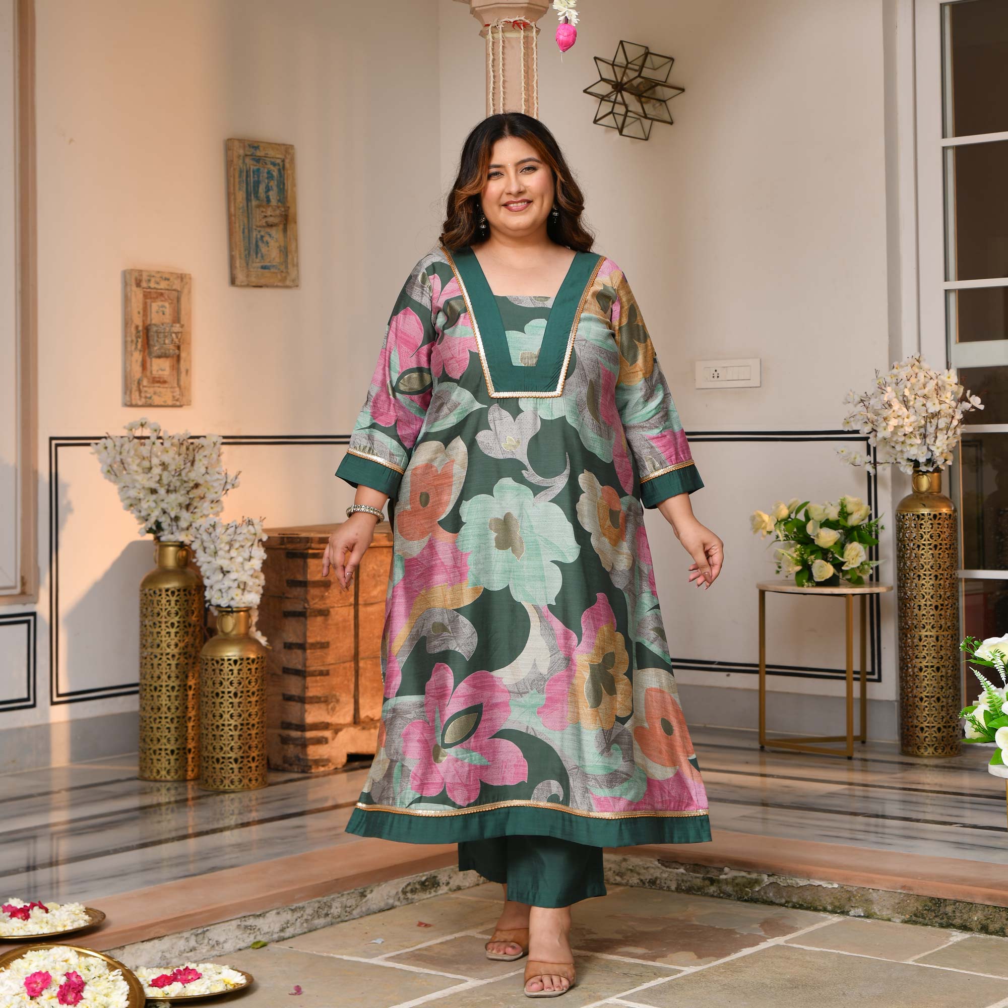 Gauri - Slate Green Floral Modal Viscose Kurta Pant Set