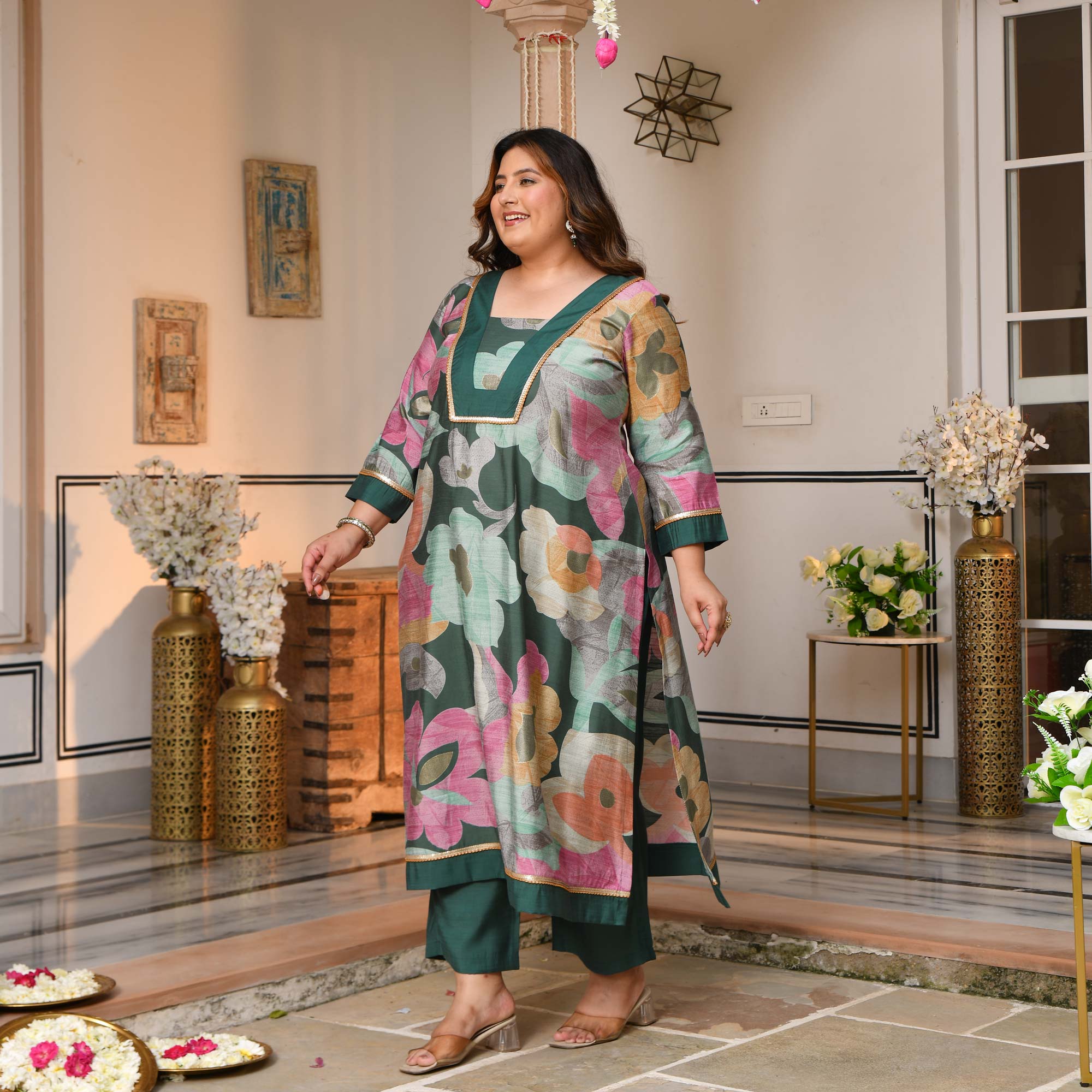 Gauri - Slate Green Floral Modal Viscose Kurta Pant Set
