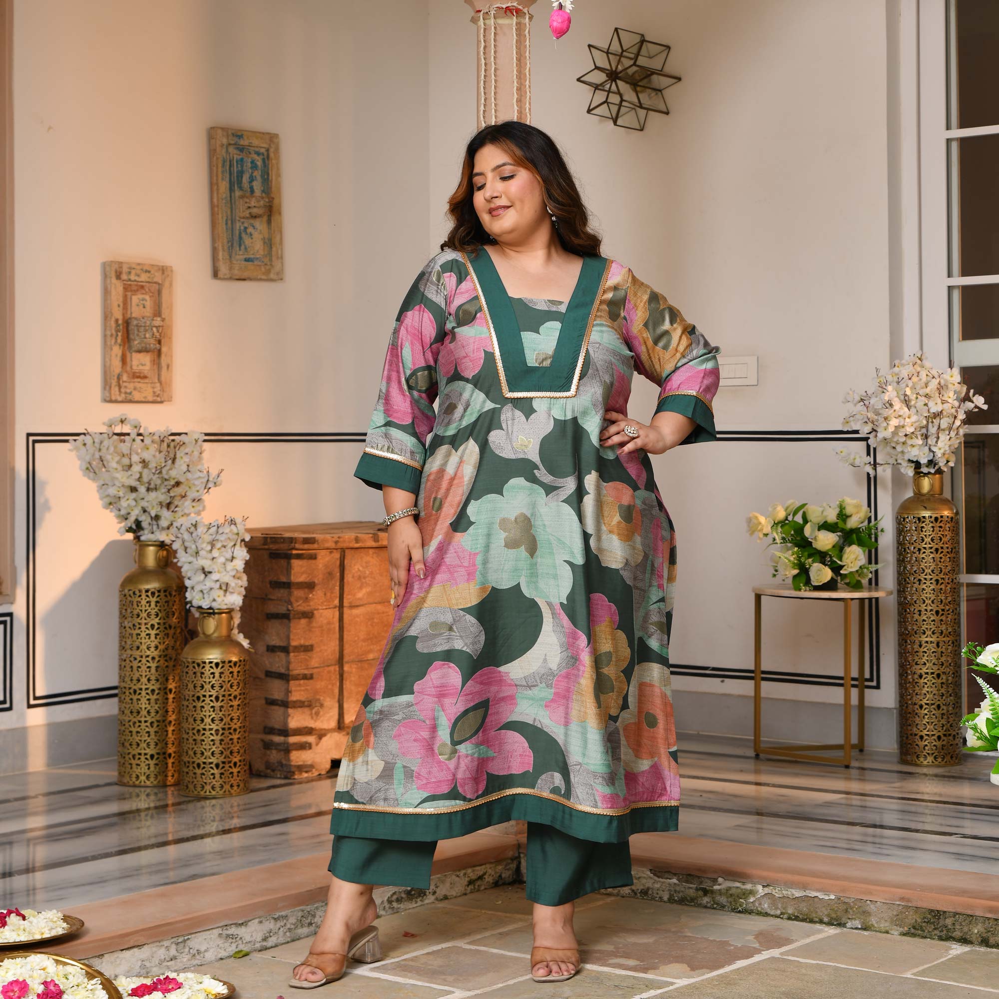 Gauri - Slate Green Floral Modal Viscose Kurta Pant Set
