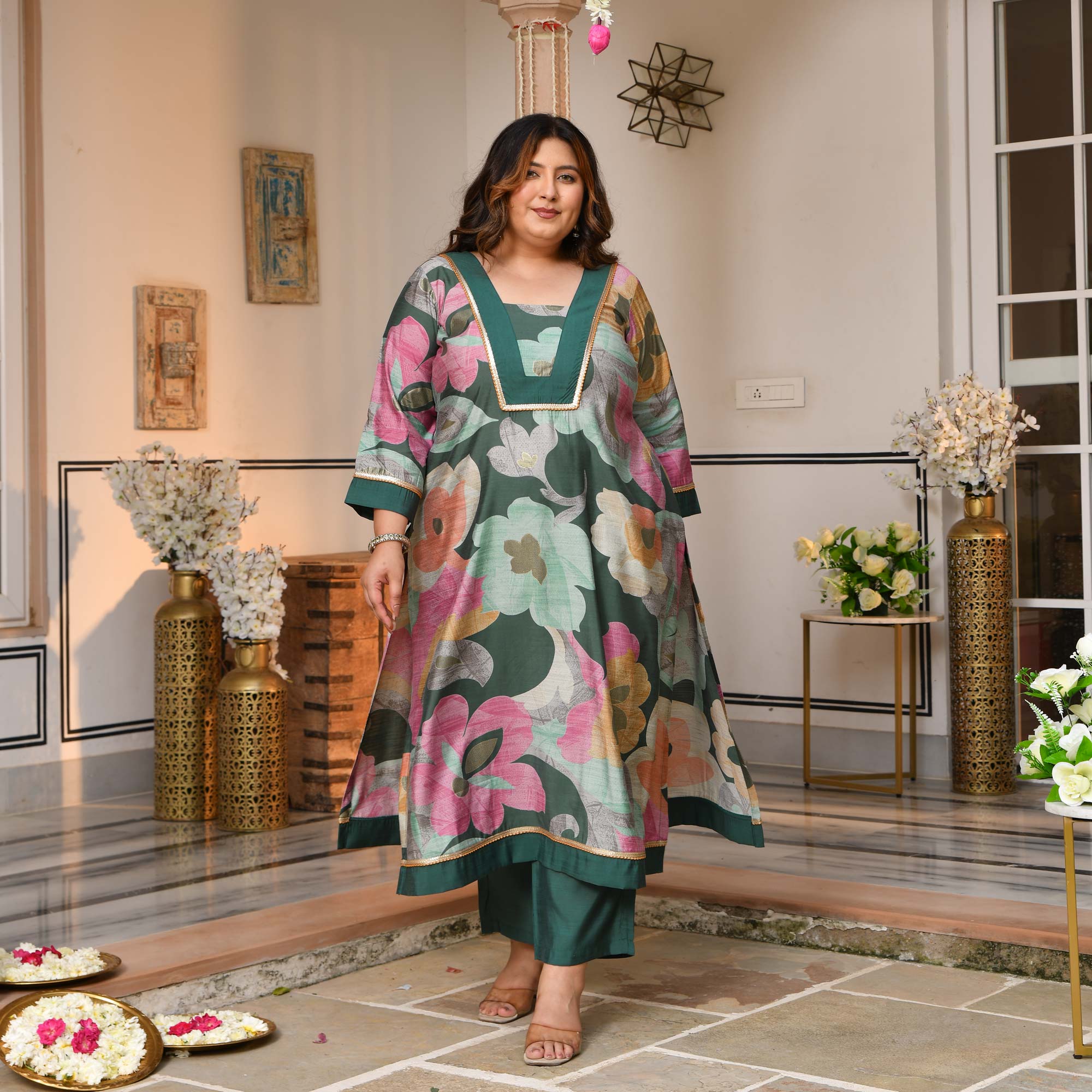 Gauri - Slate Green Floral Modal Viscose Kurta Pant Set