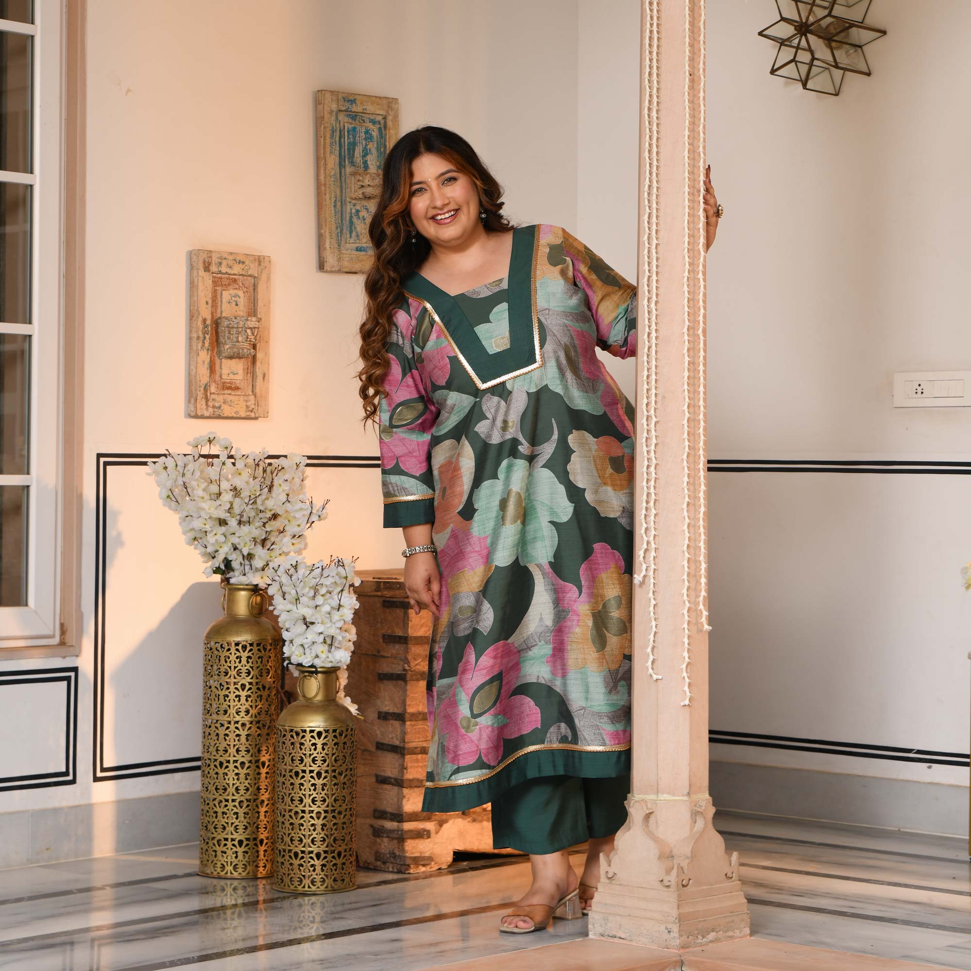 Gauri - Slate Green Floral Modal Viscose Kurta Pant Set