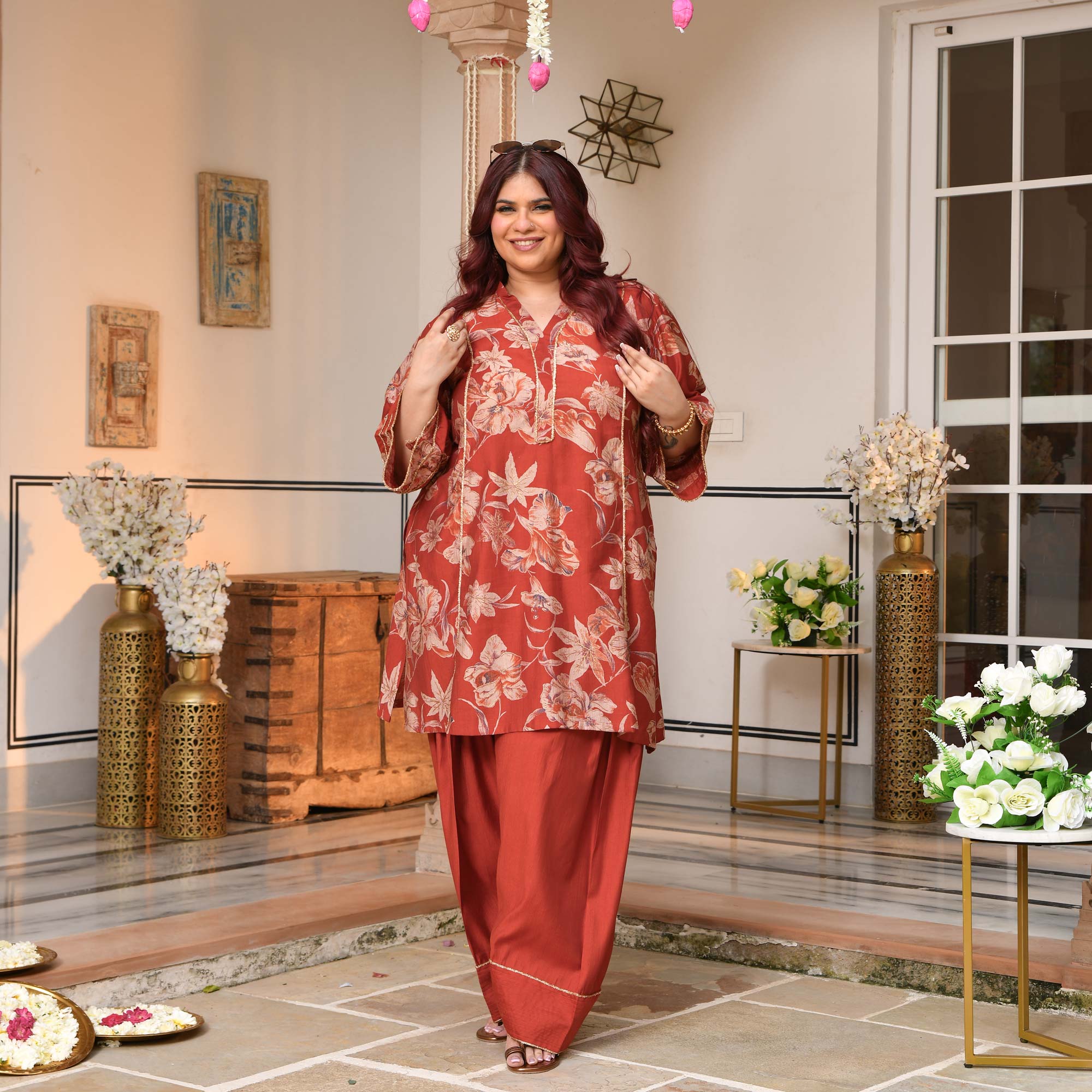 Shakti- Rusty Orange Floral Modal Viscose Farshi Co-ord Set