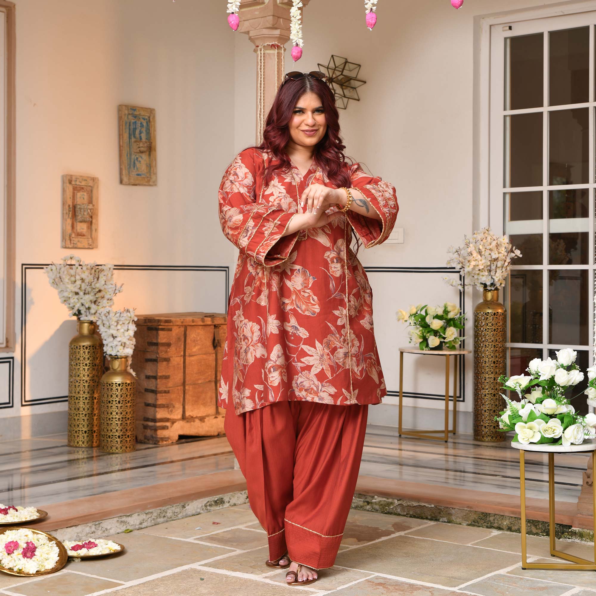 Shakti- Rusty Orange Floral Modal Viscose Farshi Co-ord Set