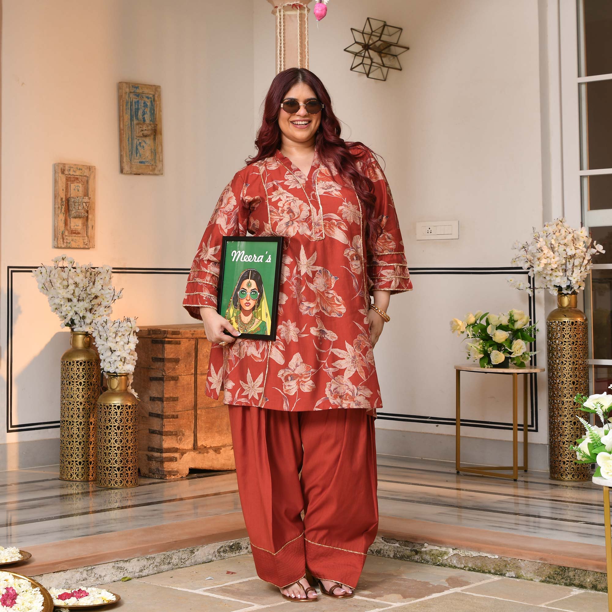 Shakti- Rusty Orange Floral Modal Viscose Farshi Co-ord Set