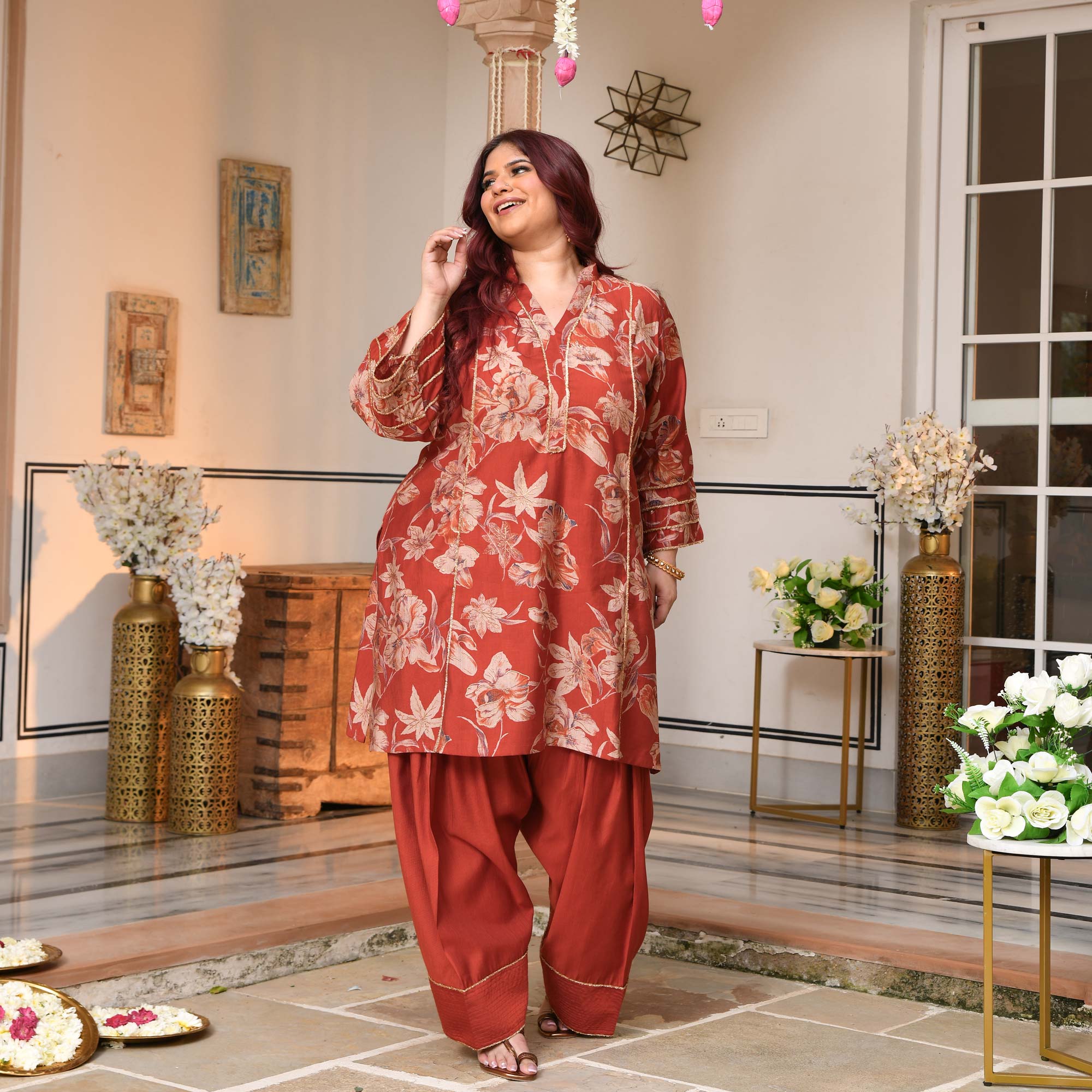 Shakti- Rusty Orange Floral Modal Viscose Farshi Co-ord Set