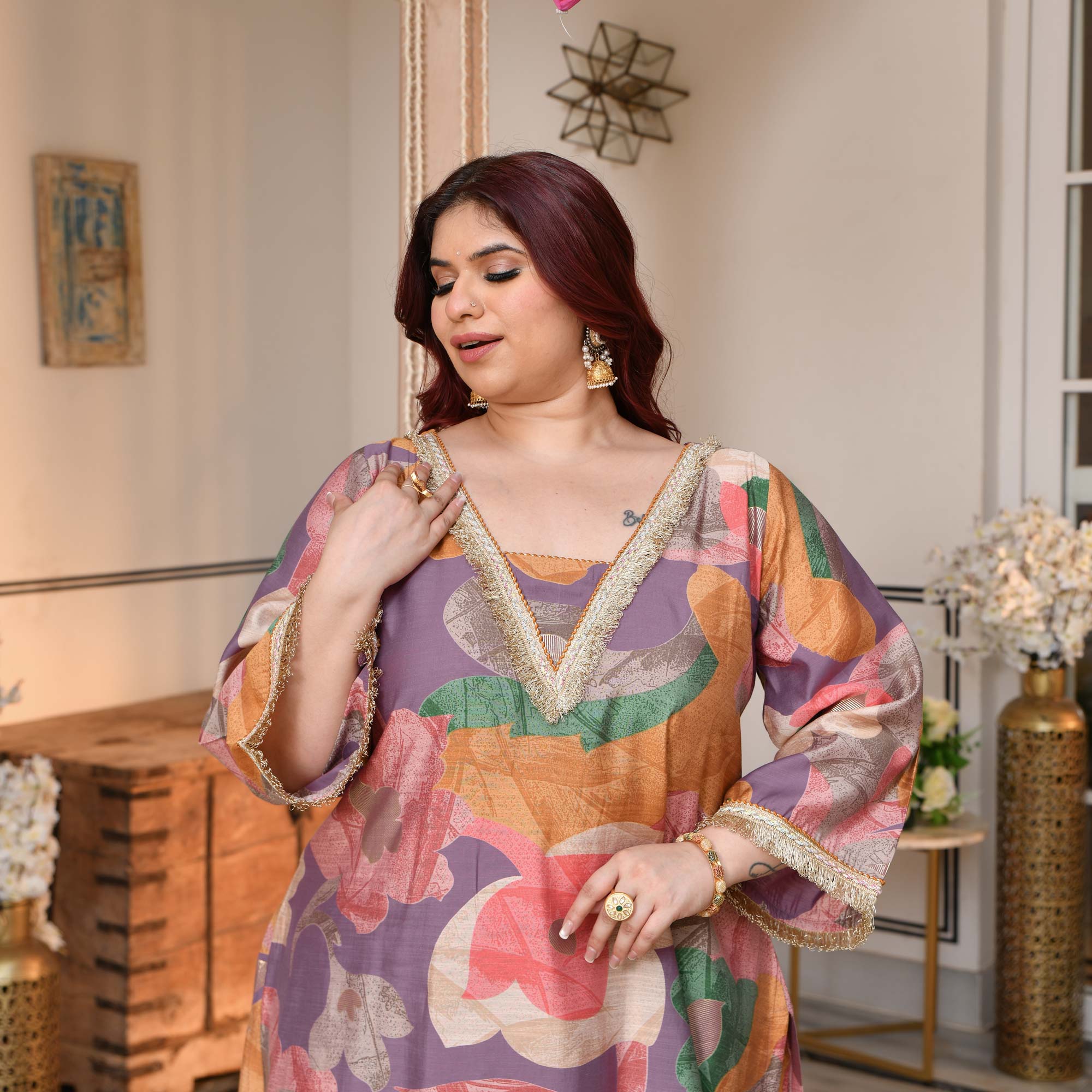 Madhurima- Orchid Purple Floral Assymetrical Modal Viscose Co-ord Set