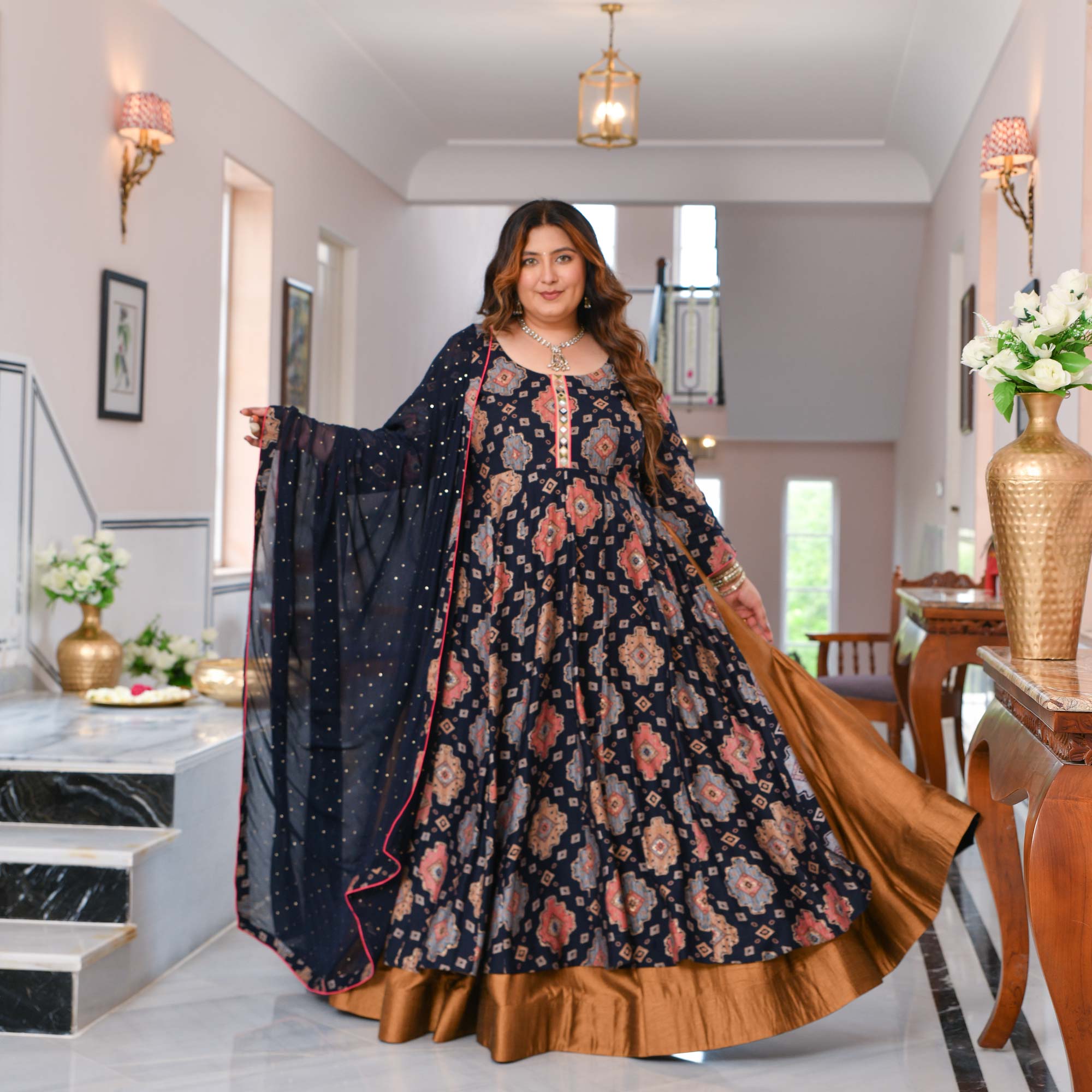 Madhvi- Midnight Blue Slit Anarkali Lehenga Set