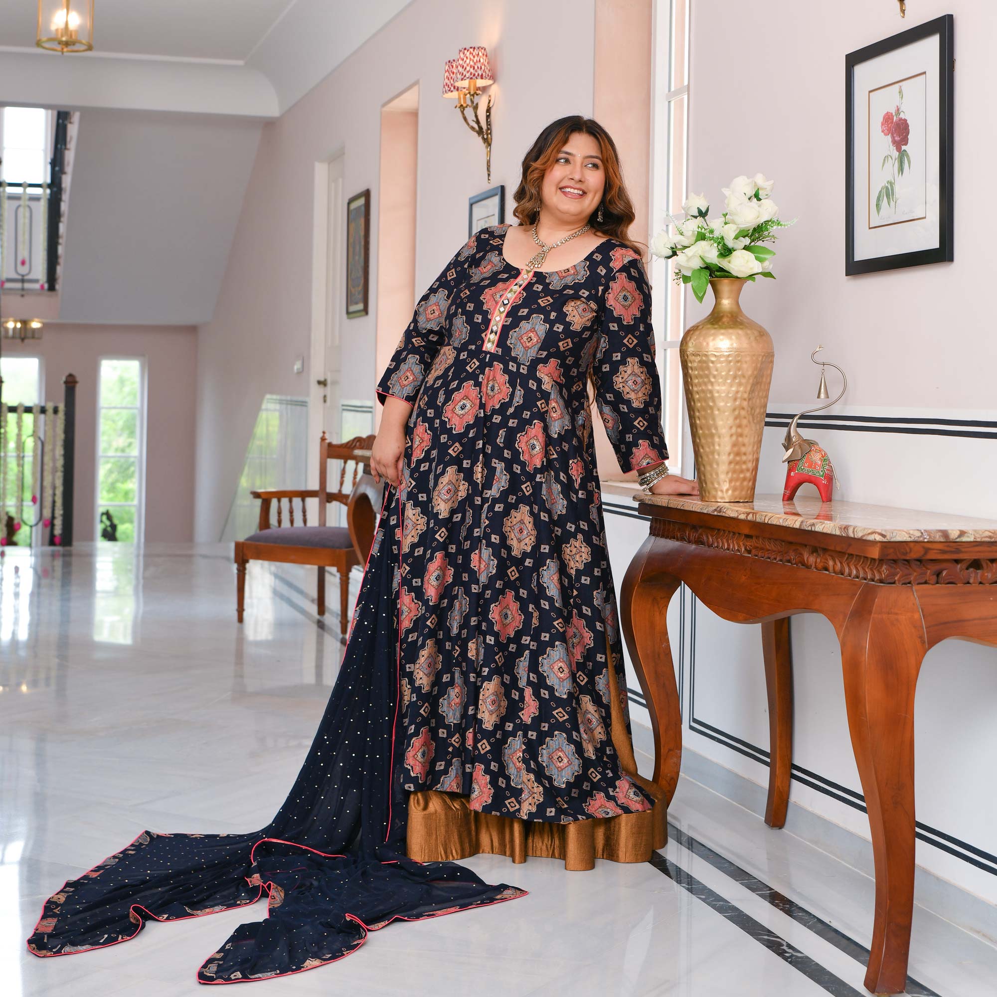 Madhvi- Midnight Blue Slit Anarkali Lehenga Set