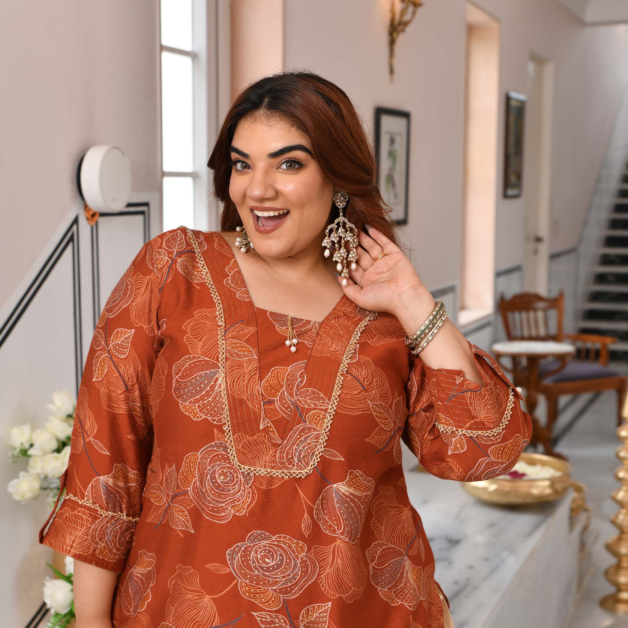 Gunjan- Burnt Orange Floral Printed Viscose Kurta