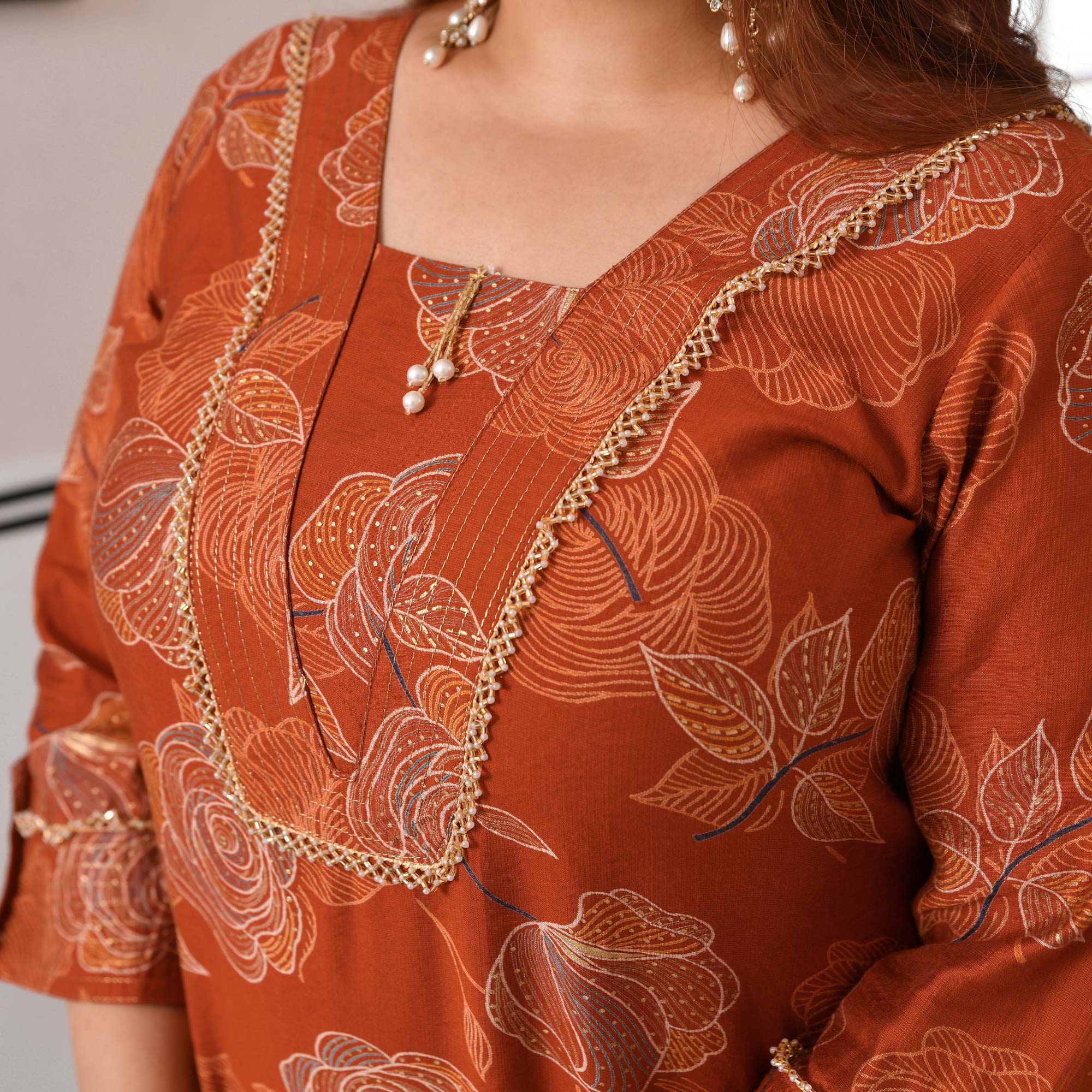 Gunjan- Burnt Orange Floral Printed Viscose Kurta
