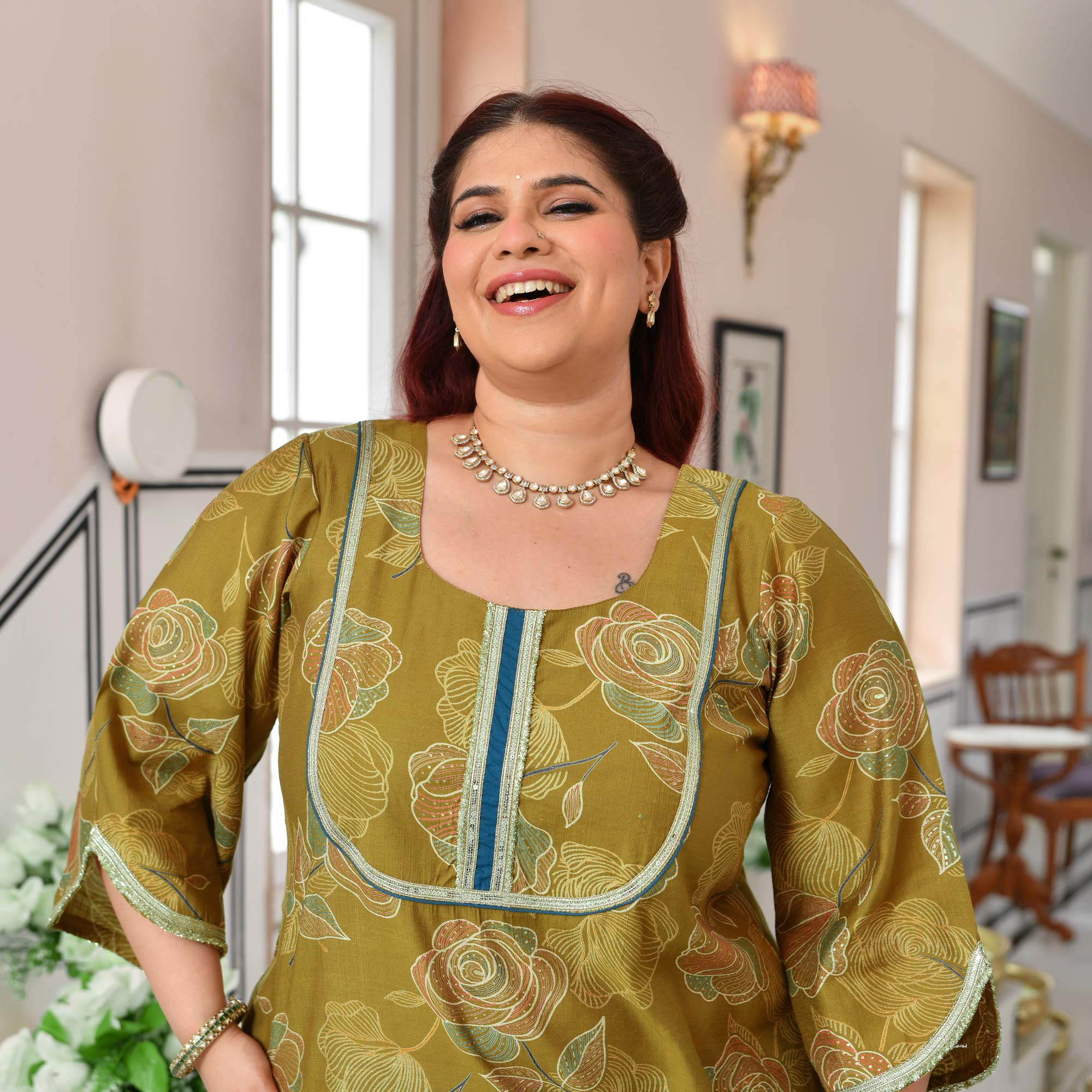 Charu- Pear Green Floral Modal Viscose Kurta