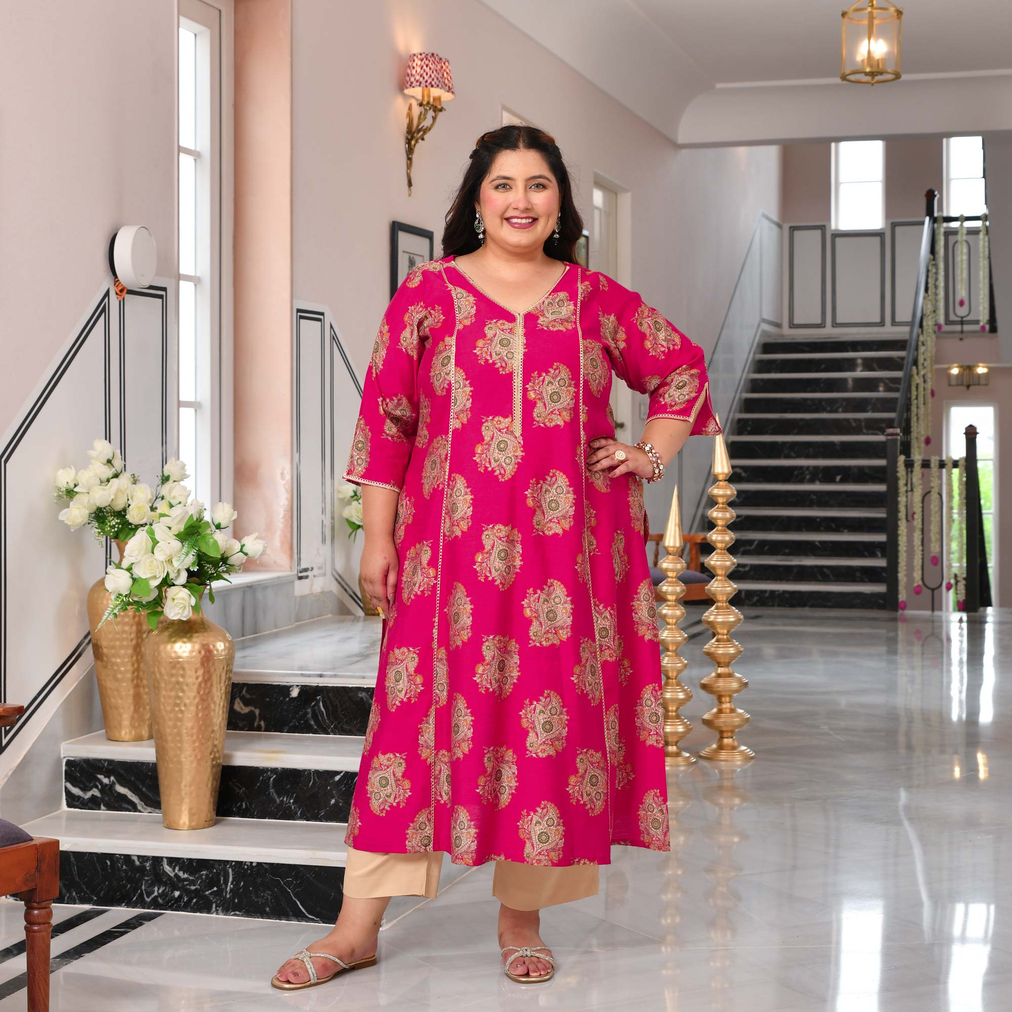 Sundari- Hot Pink Floral Printed Viscose A-line Kurta