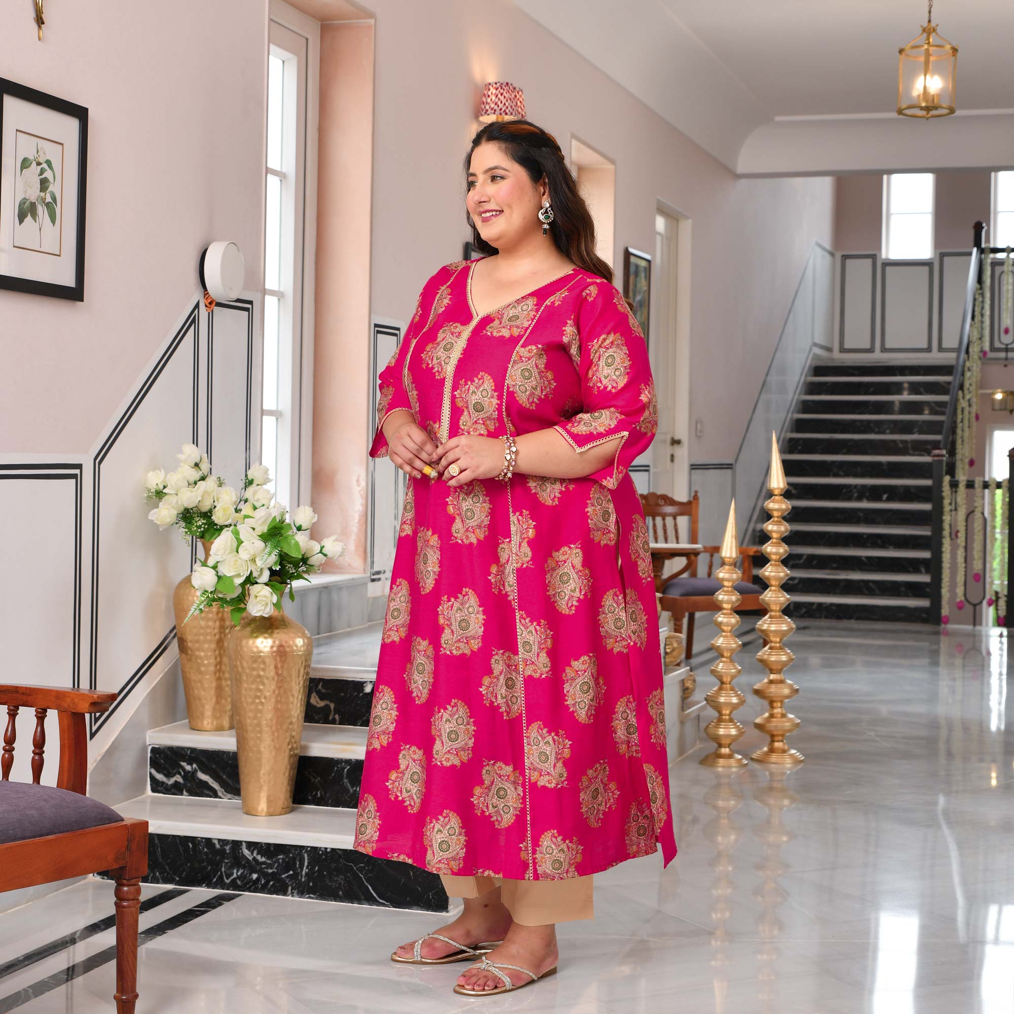 Sundari- Hot Pink Floral Printed Viscose A-line Kurta