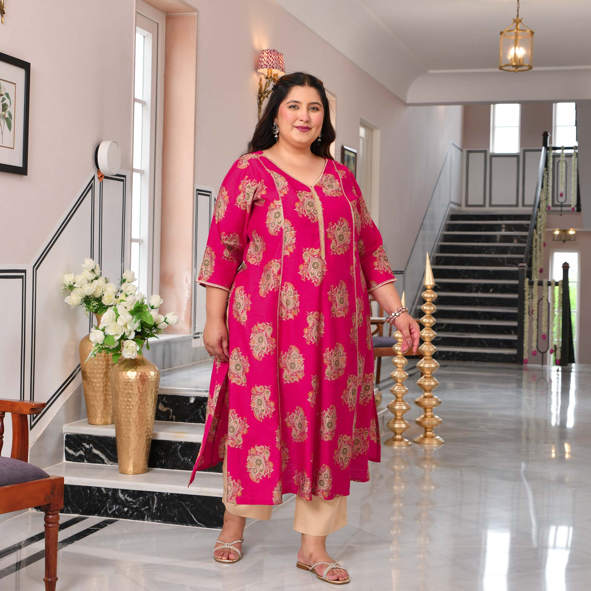 Sundari- Hot Pink Floral Printed Viscose A-line Kurta