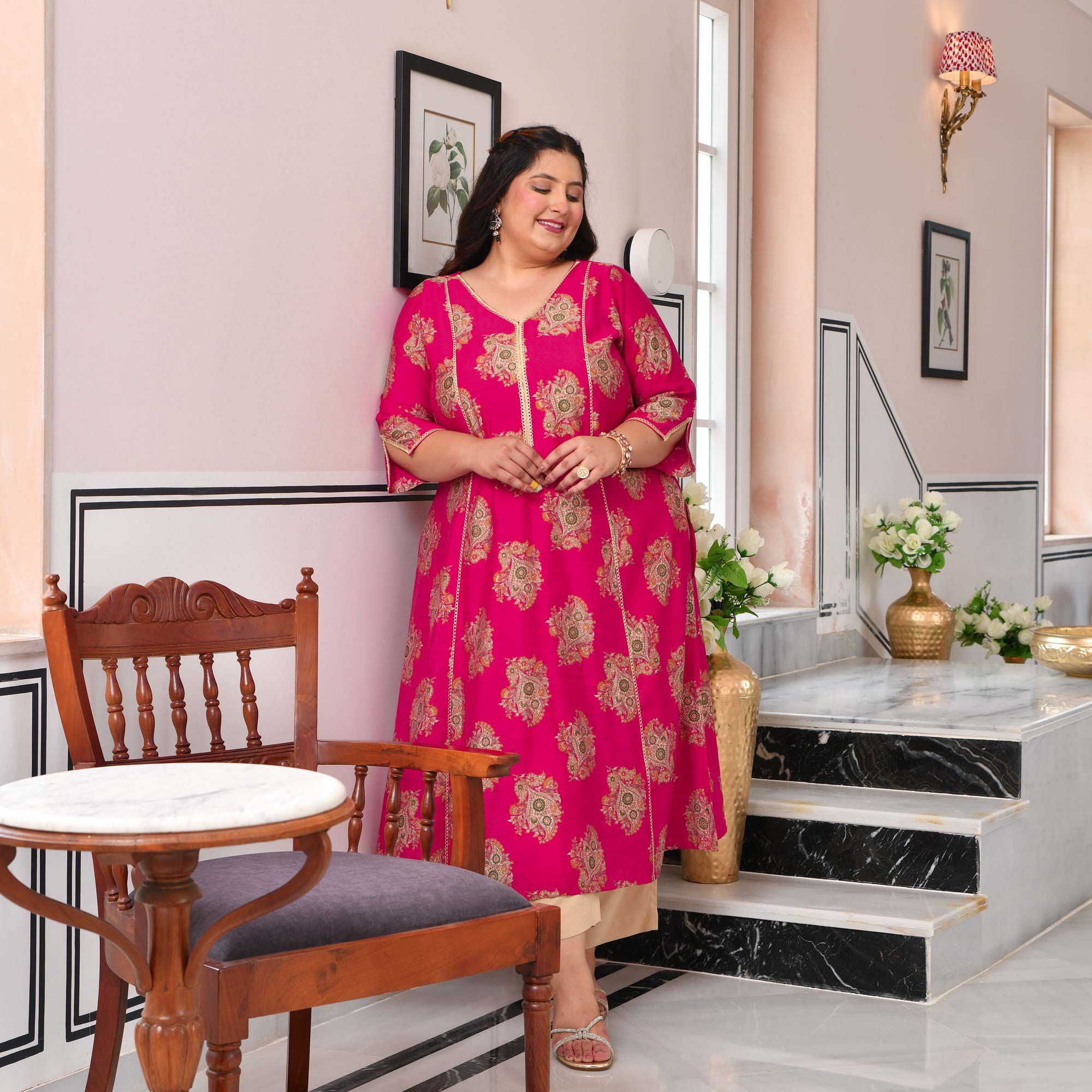 Sundari- Hot Pink Floral Printed Viscose A-line Kurta
