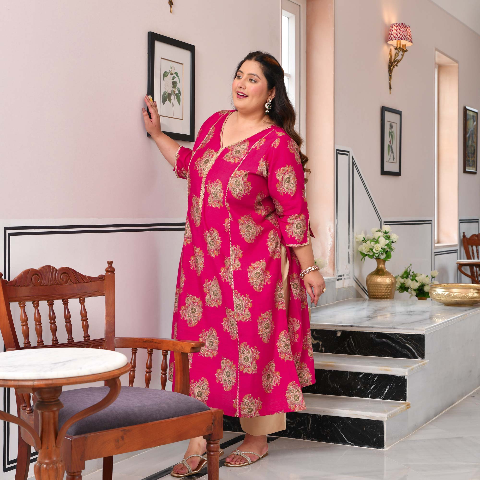 Sundari- Hot Pink Floral Printed Viscose A-line Kurta